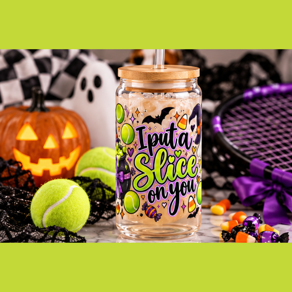 Halloween Tennis Sipper Glass  16oz — Halloween 'I Put a Slice on You' Witch Cauldron Design