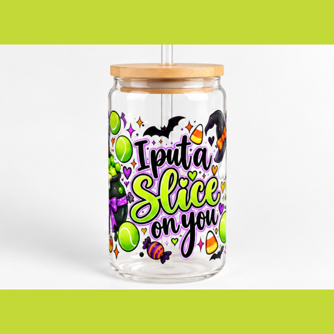 Halloween Tennis Sipper Glass  16oz — Halloween 'I Put a Slice on You' Witch Cauldron Design
