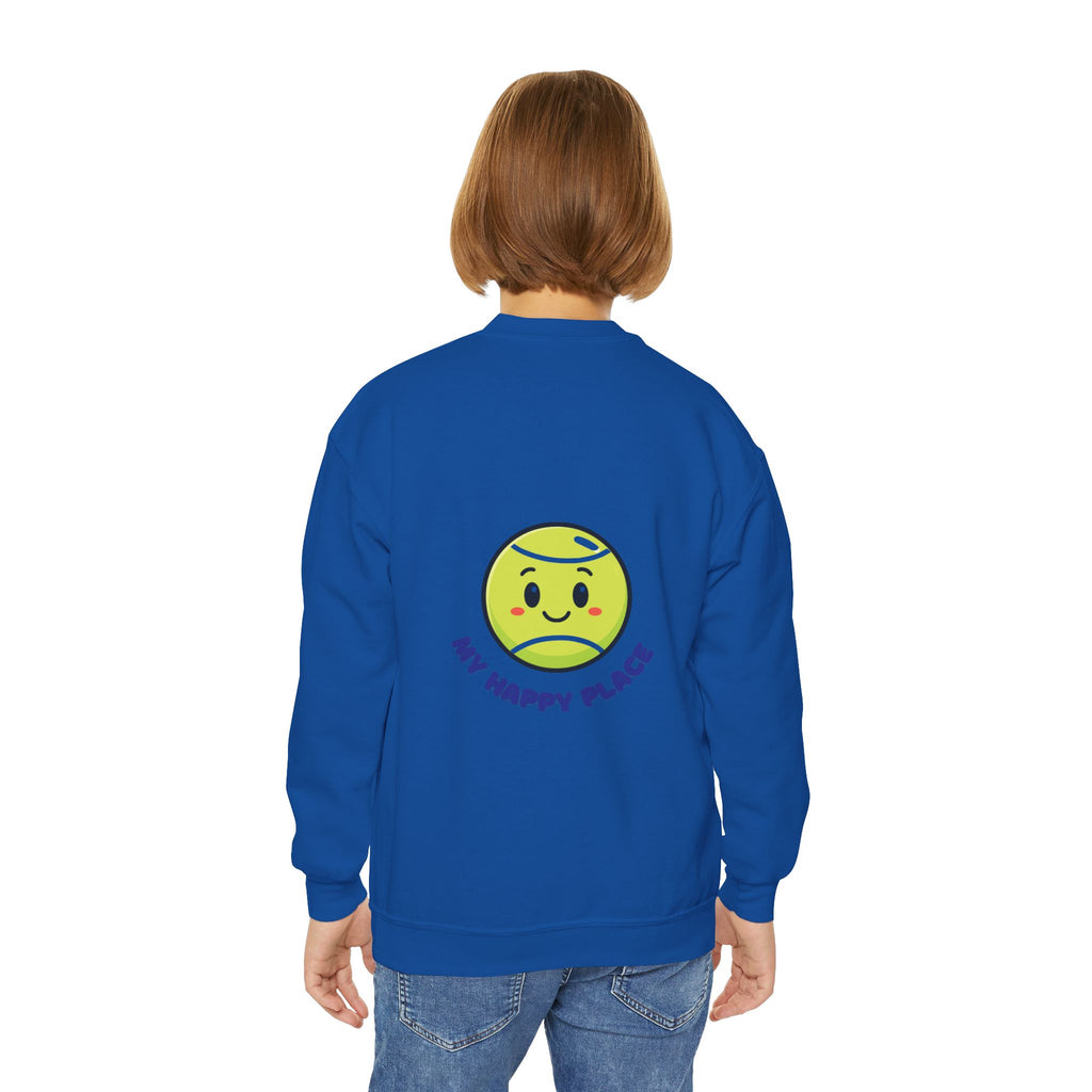 Boy's Junior Tennis Crewneck Sweatshirt — Cute Smiling Tennis Ball "My Happy Place"