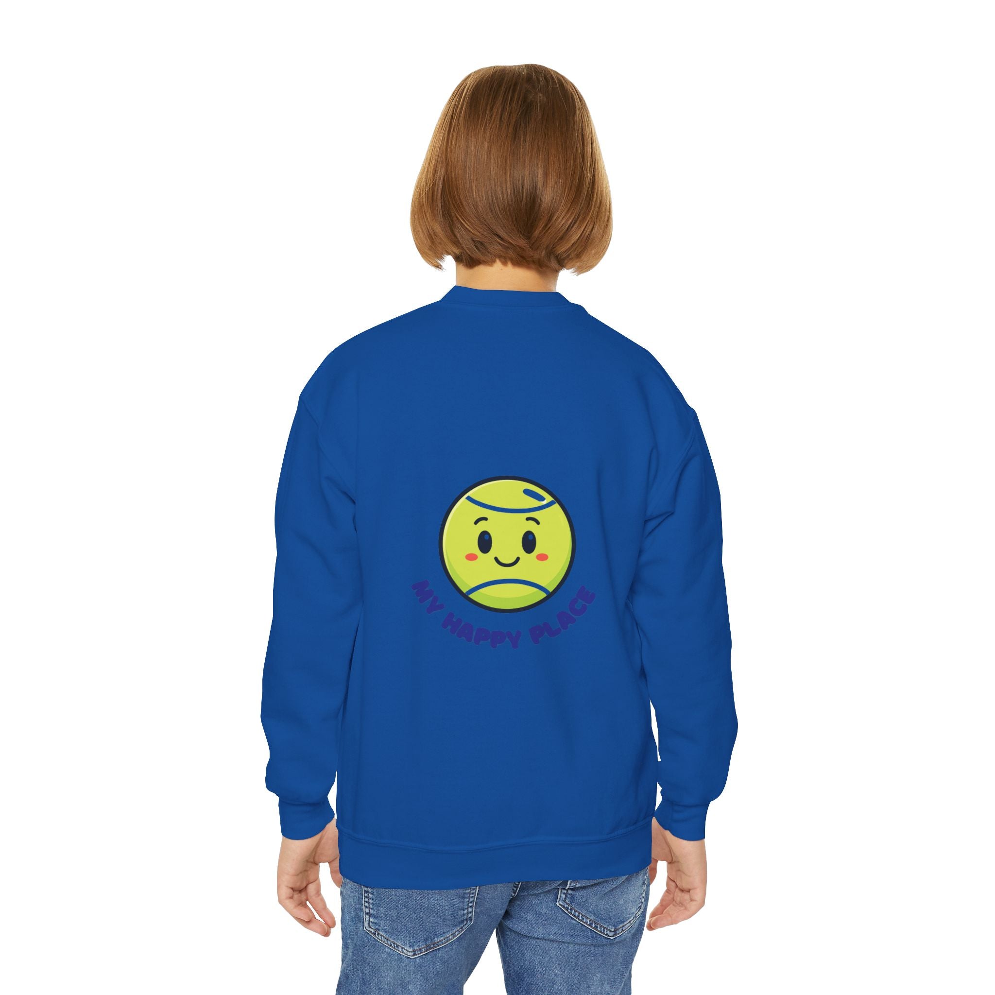 Boy's Junior Tennis Crewneck Sweatshirt — Cute Smiling Tennis Ball "My Happy Place"