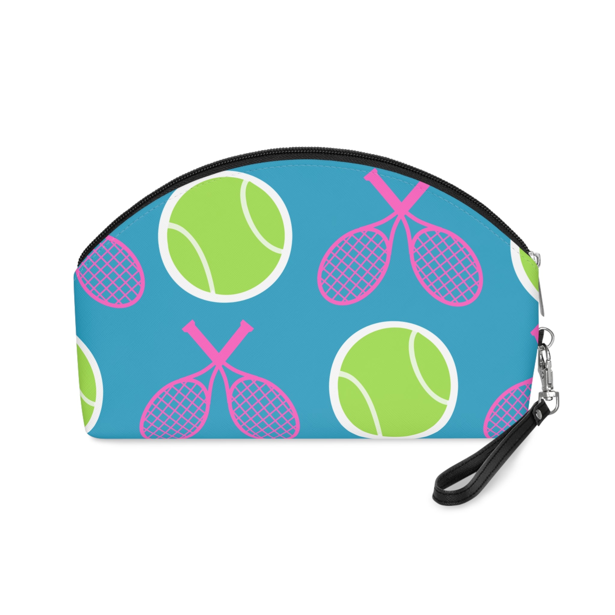 Tennis Makeup Bag — Turquoise/Pink/Yellow Tennis Ball & Racket Cosmetic Pouch for Players