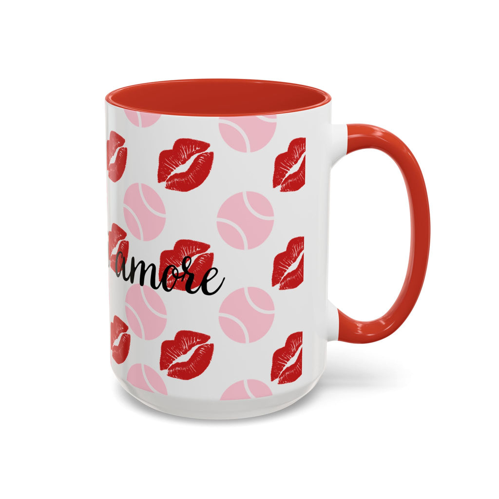 Tennis Kiss Accent Coffee Mug — 'Tennis mi amore' Pink Lip & Ball Pattern (11/15oz)