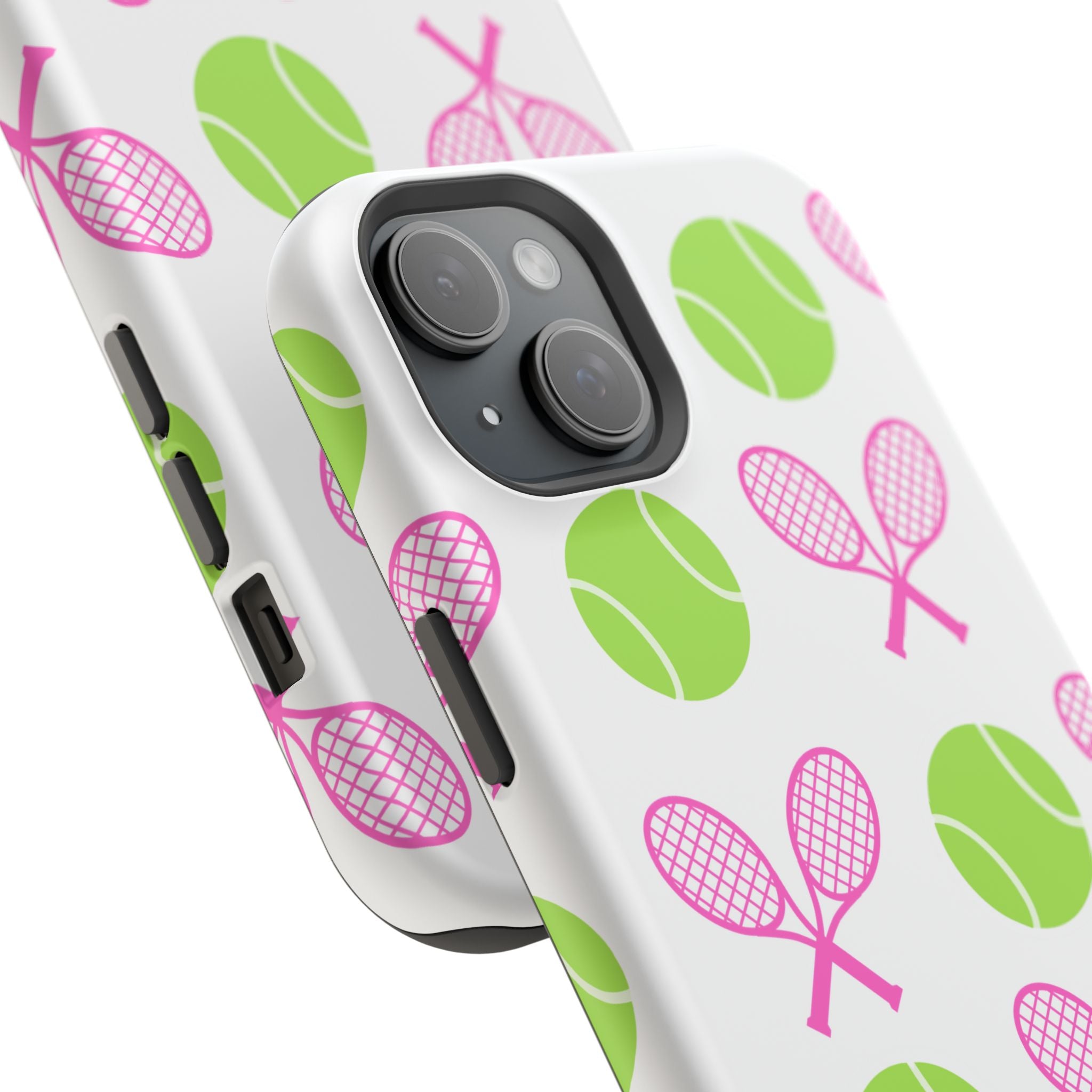 Tennis Pattern Impact-Resistant Phone Case — Pink Rackets & Green Balls