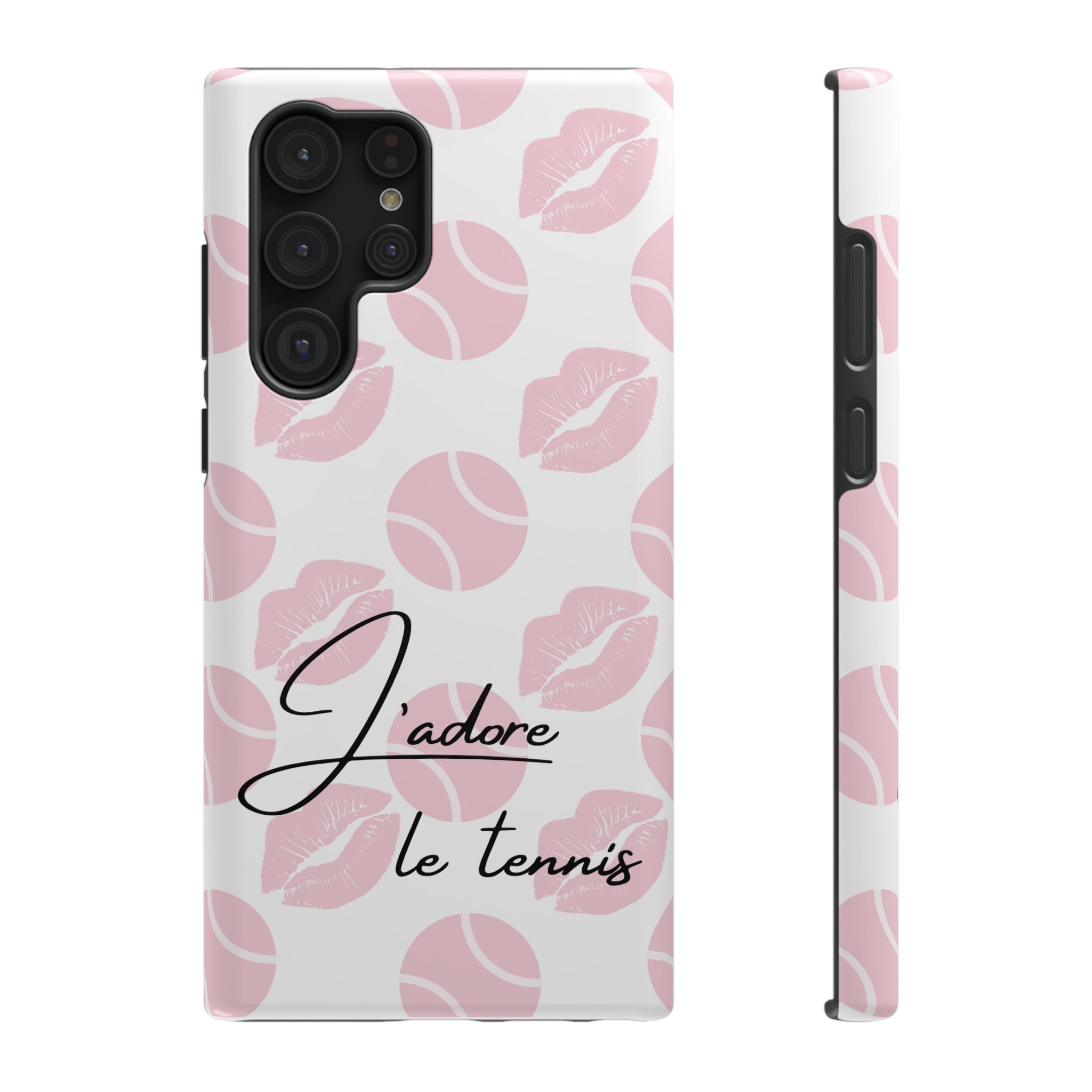 Impact-Resistant Phone Case - 'J'adore le tennis', pink tennis balls/lips