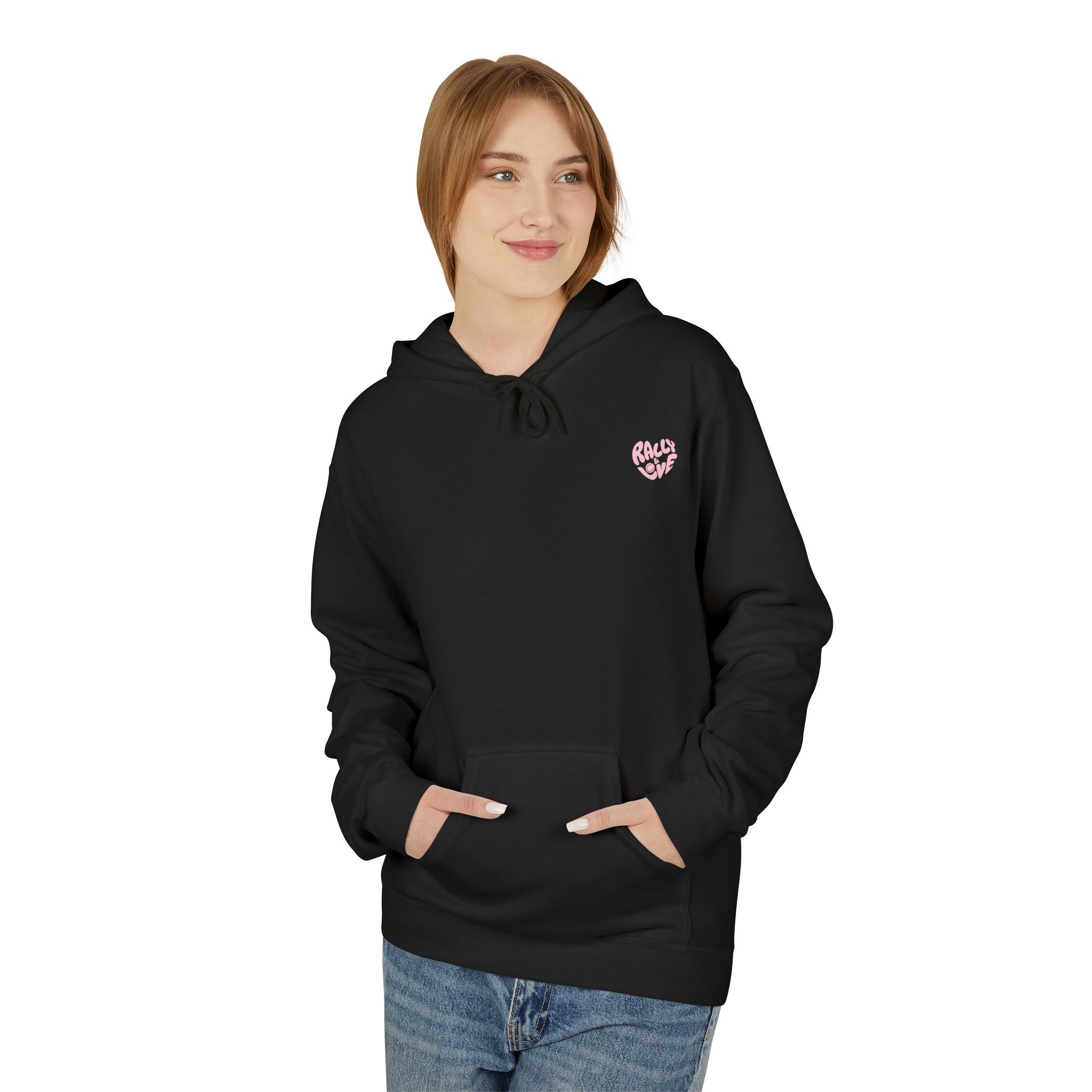 Women's Softstyle Fleece Hoodie sweatshirt - 'Rally & Love' logo, minimalist (pink)