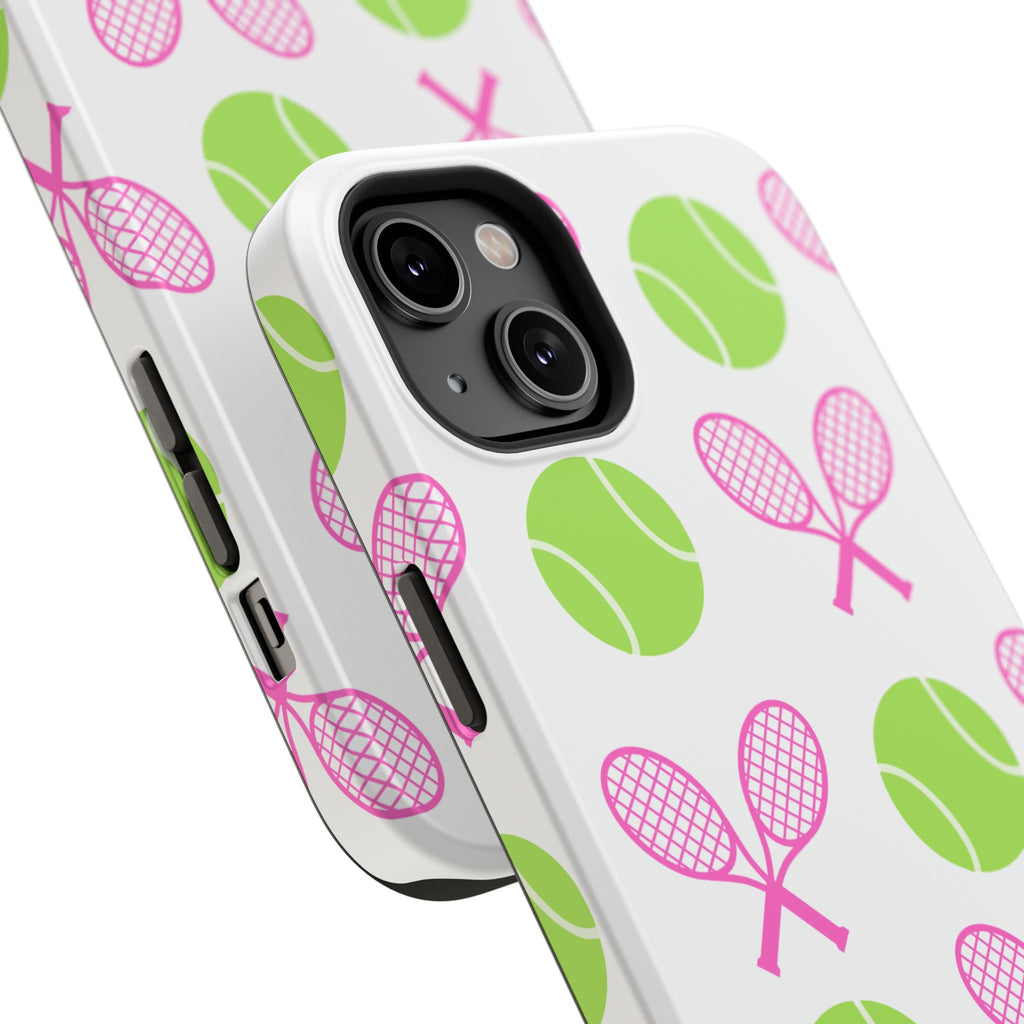 Tennis Pattern Impact-Resistant Phone Case — Pink Rackets & Green Balls
