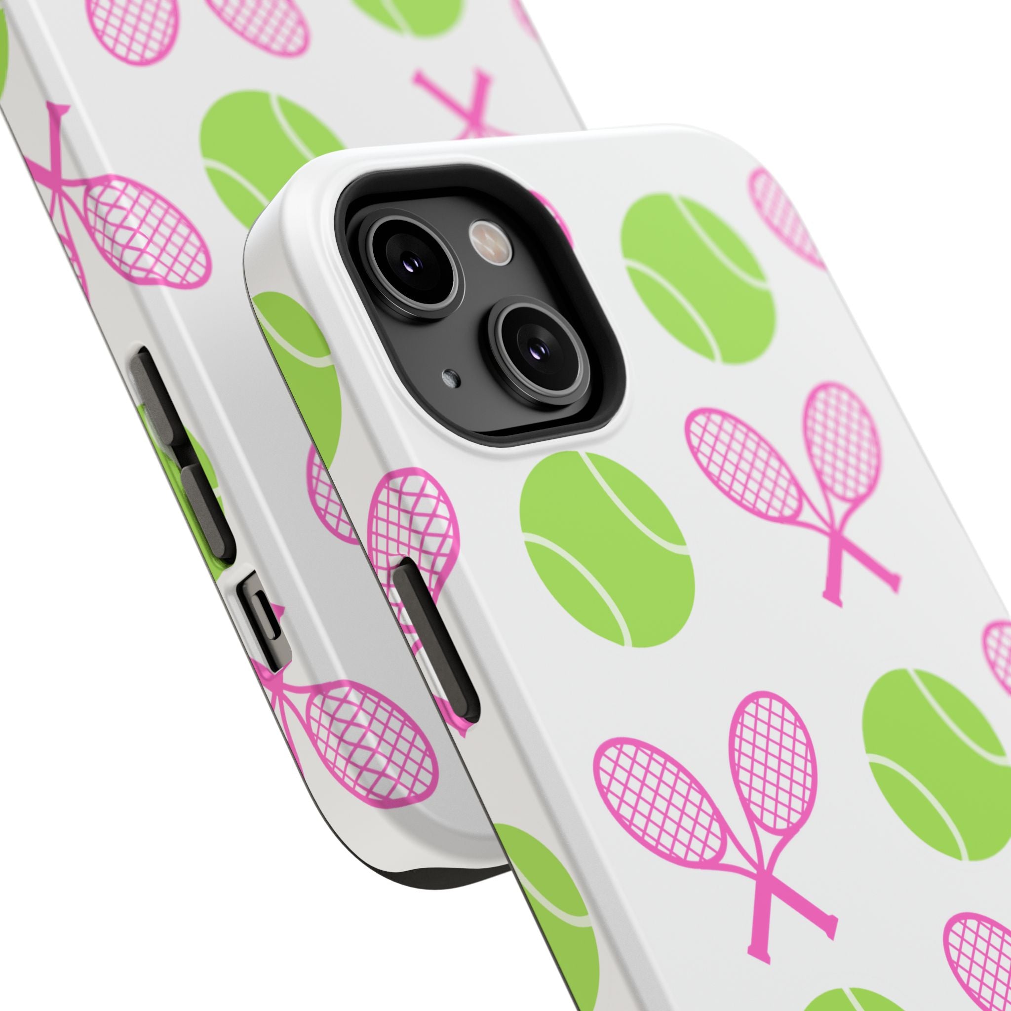 Tennis Pattern Impact-Resistant Phone Case — Pink Rackets & Green Balls