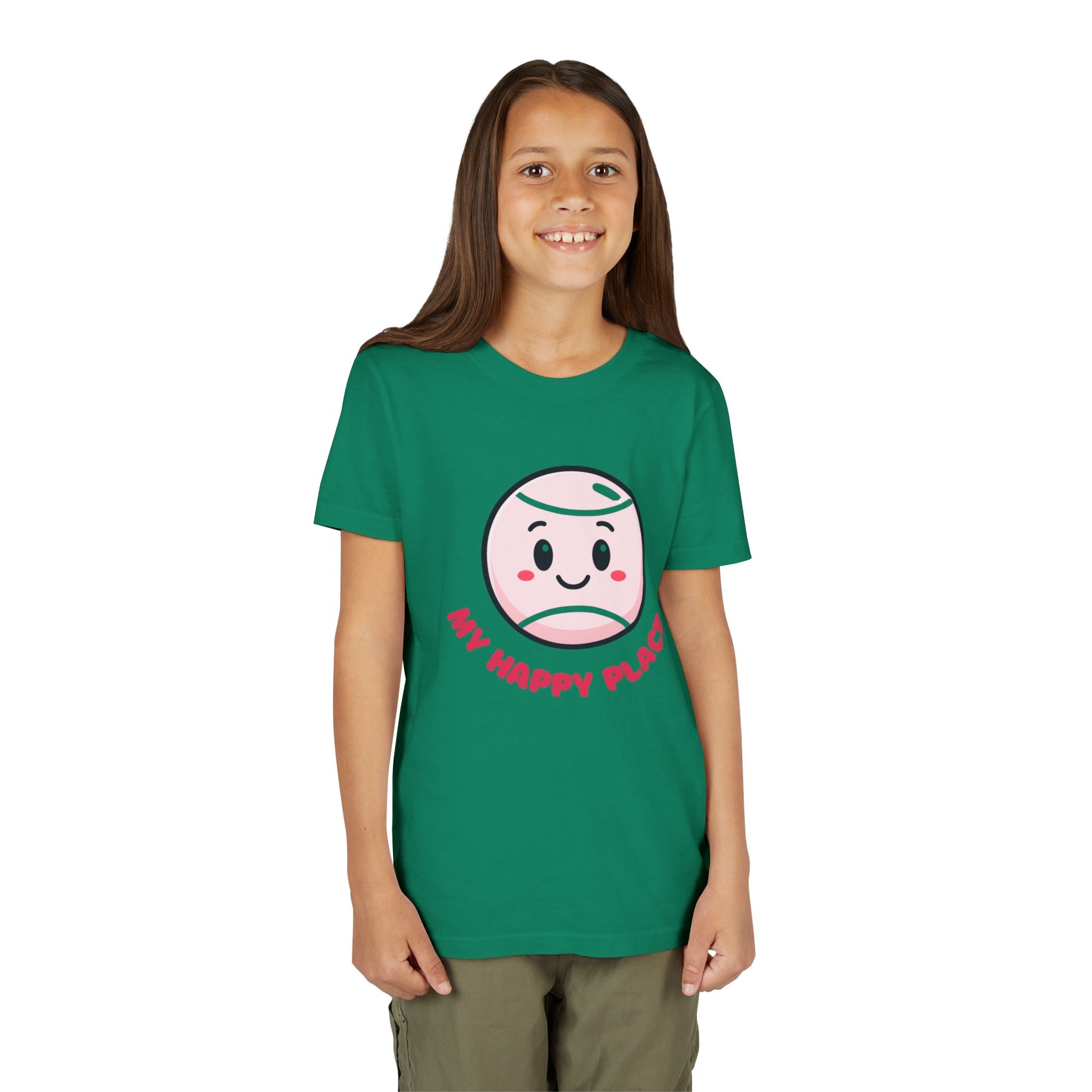 Girl's Junior Tee — Cute Smiling Tennis Ball "My Happy Place" Kids Shirt