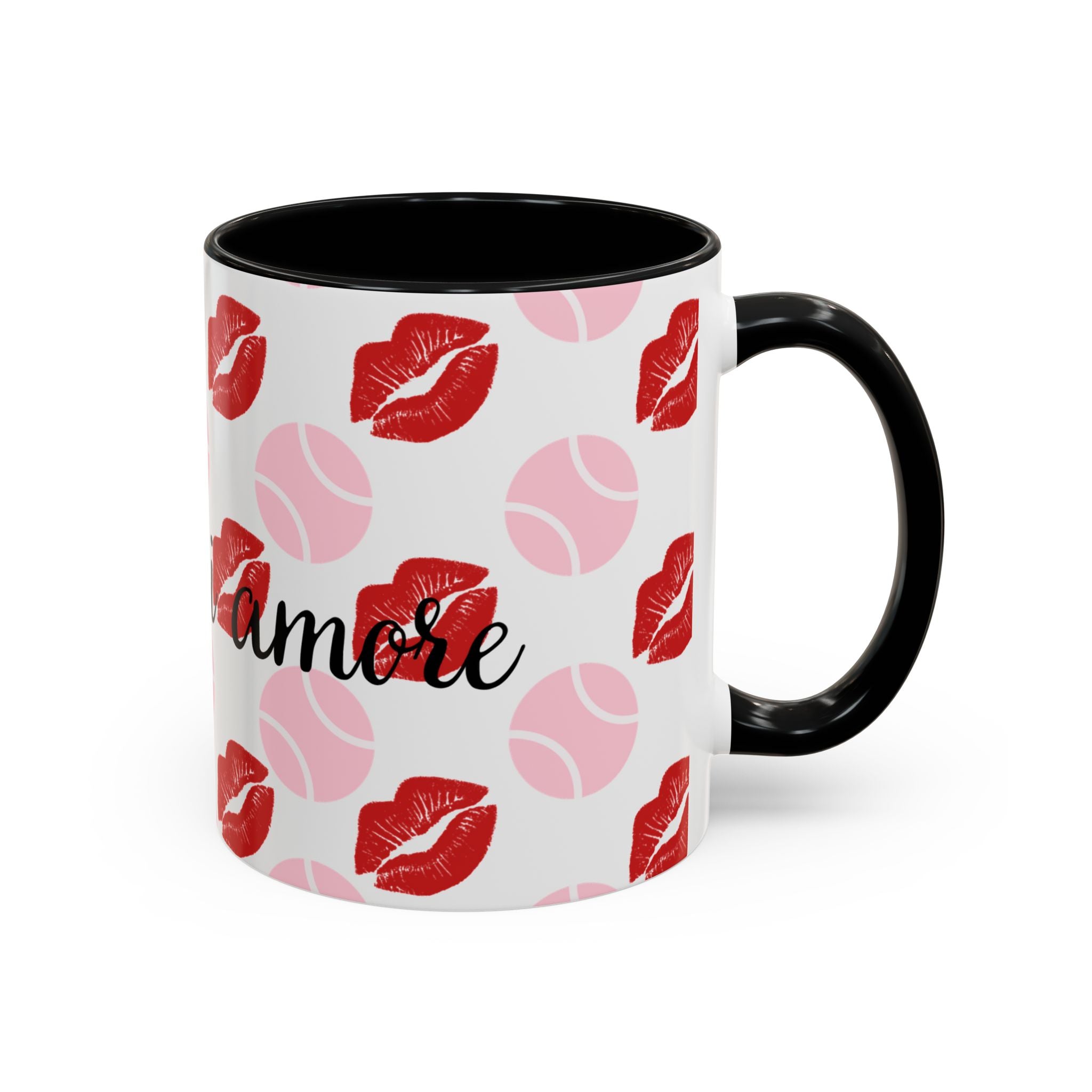 Tennis Kiss Accent Coffee Mug — 'Tennis mi amore' Pink Lip & Ball Pattern (11/15oz)