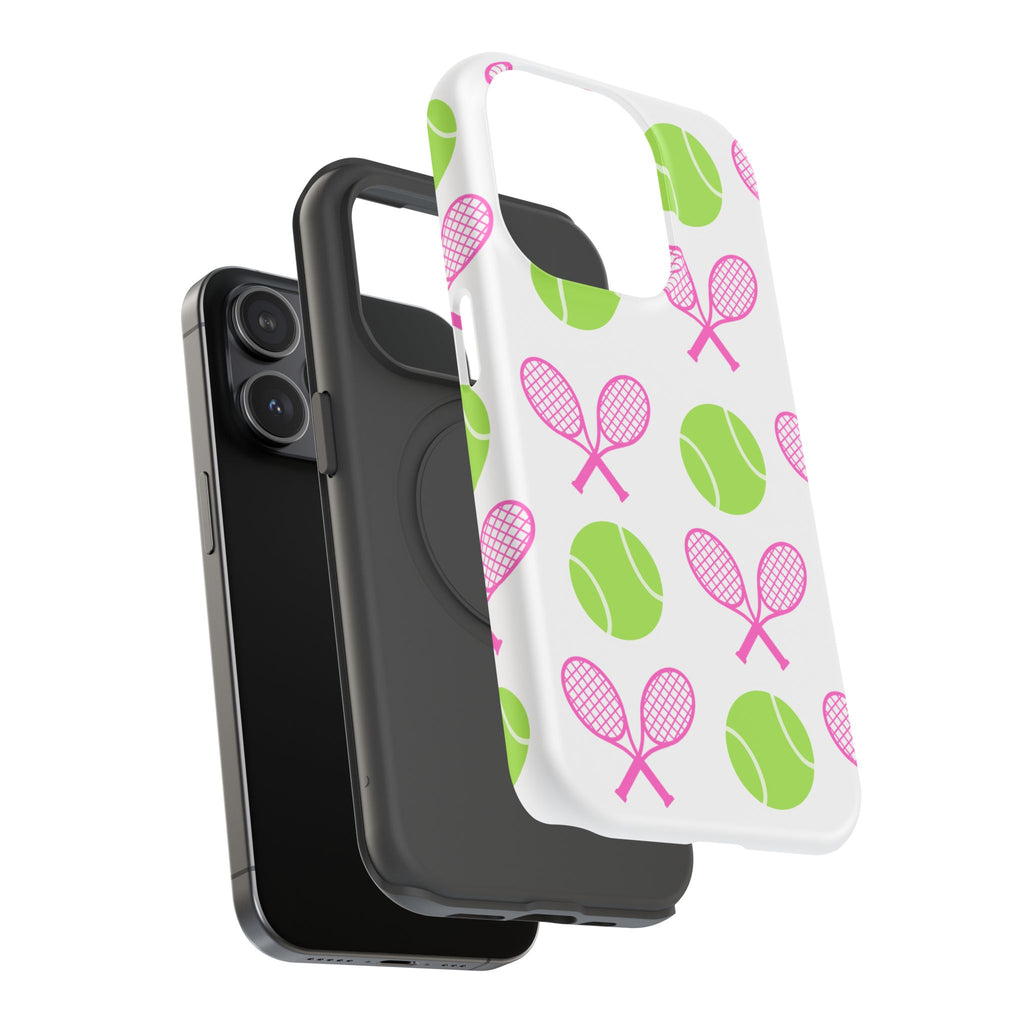 Tennis Pattern Impact-Resistant Phone Case — Pink Rackets & Green Balls
