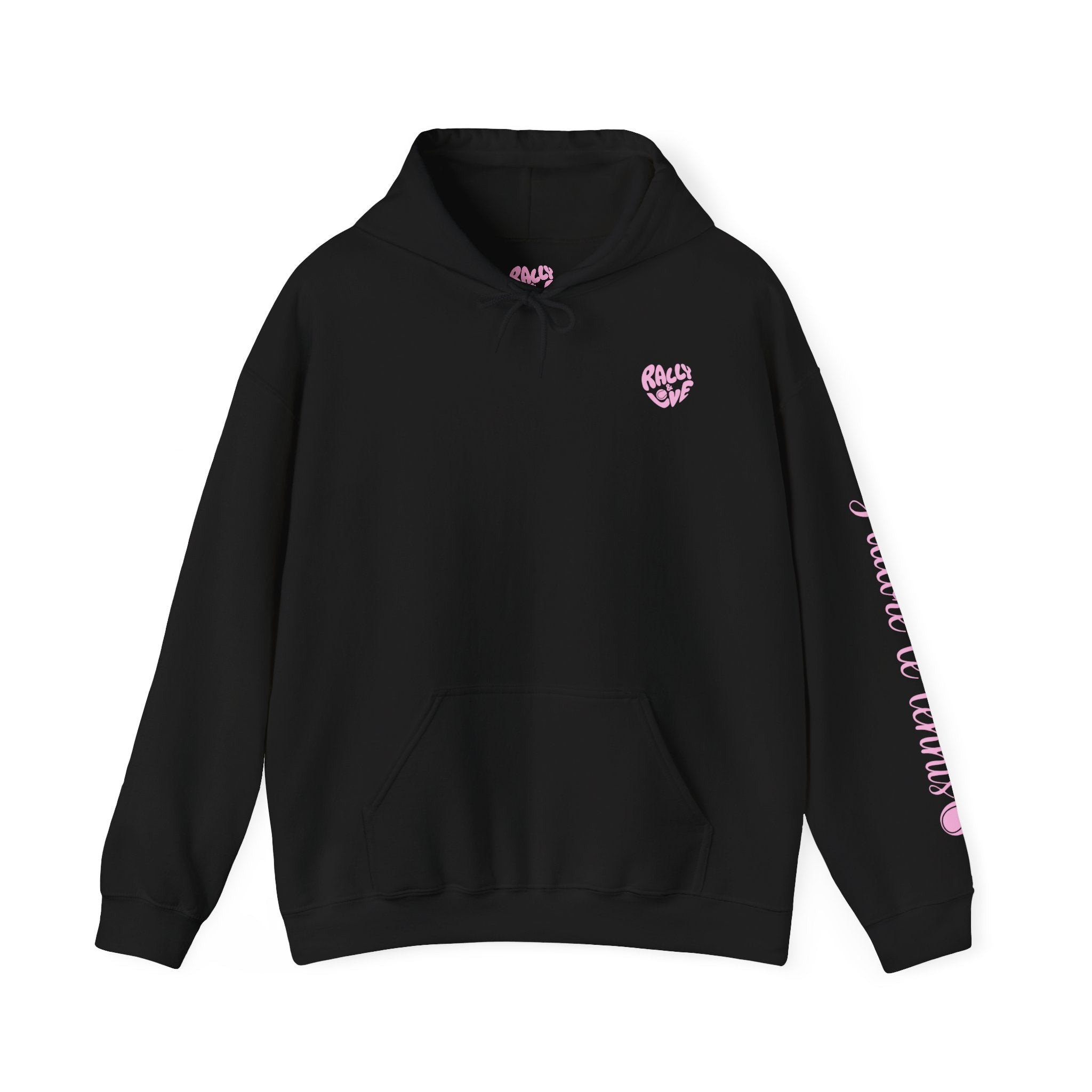 Women's Hoodie sweatshirt — "J'adore le tennis" Tennis Ball Sleeve Design (bubblegum pink)