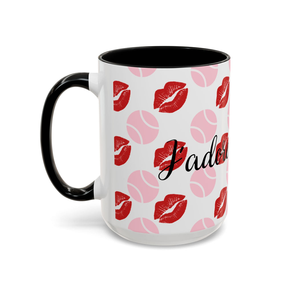 Tennis Kiss Accent Coffee Mug — 'Adore Le Tennis' Pink Balls & Red Lip Pattern (11/15 oz)