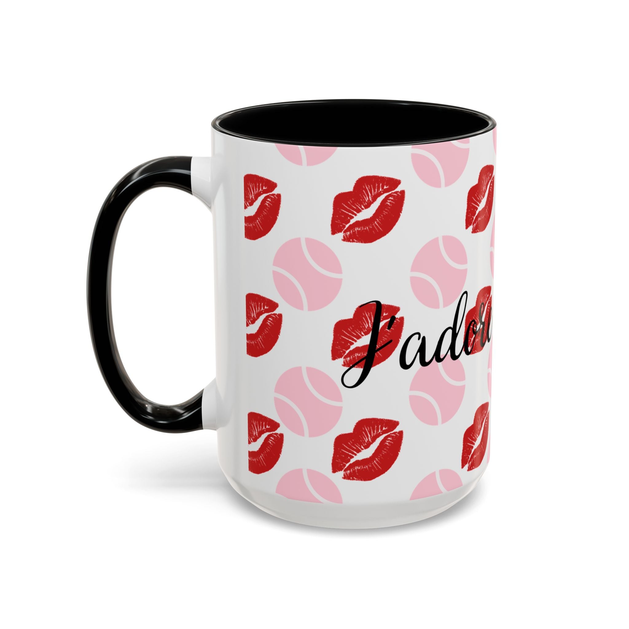 Tennis Kiss Accent Coffee Mug — 'Adore Le Tennis' Pink Balls & Red Lip Pattern (11/15 oz)