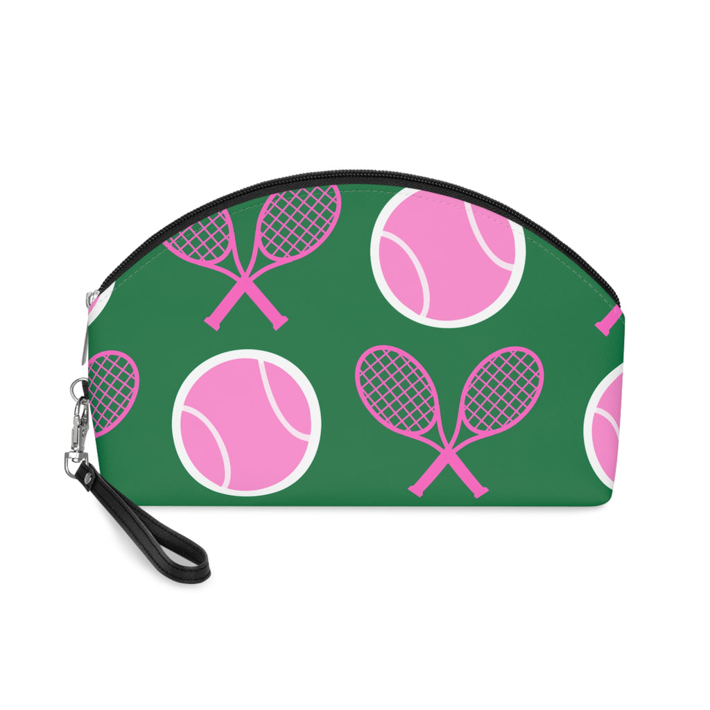 Tennis Makeup Bag — Green/Pink Tennis Ball & Racket Cosmetic Pouch for Players