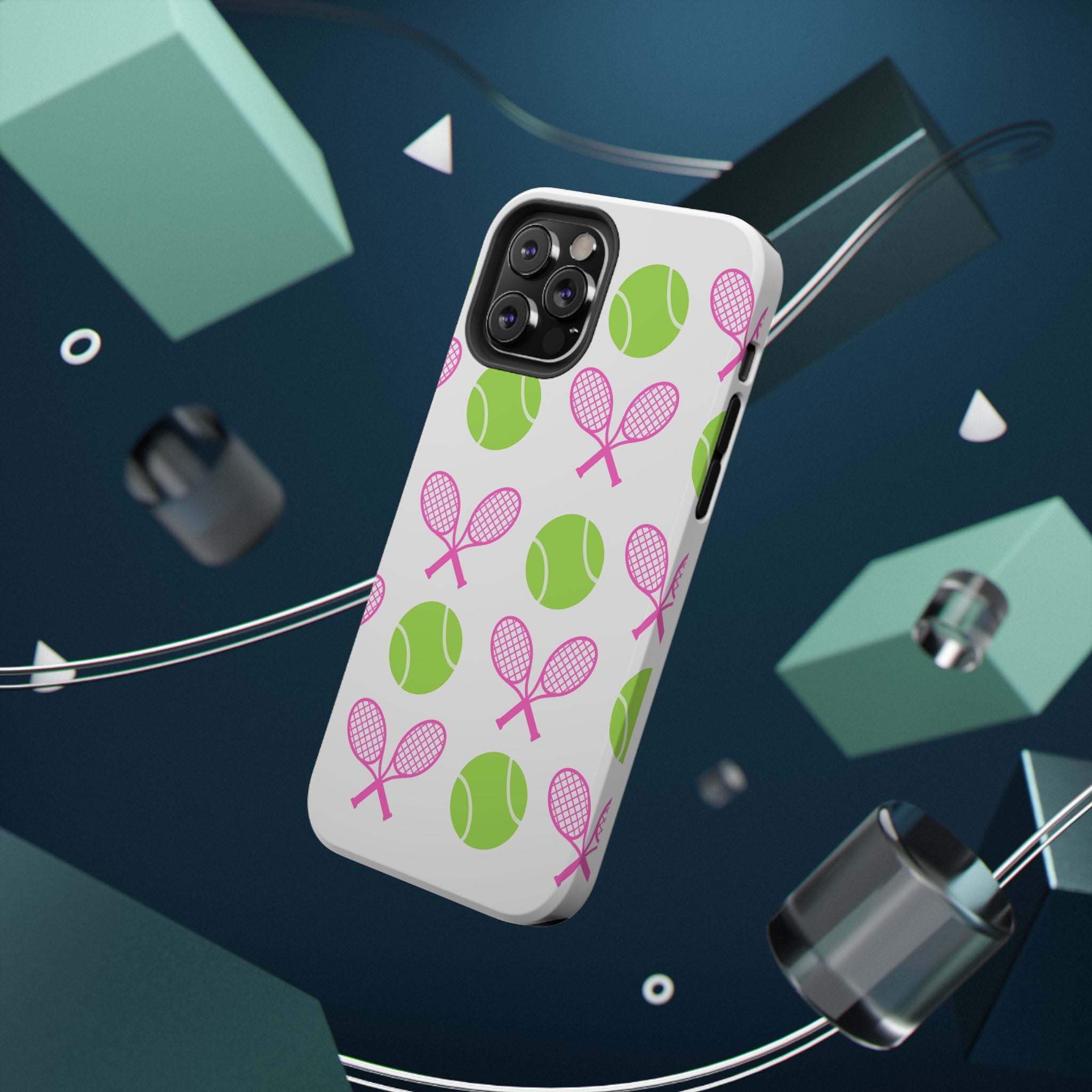 Tennis Pattern Impact-Resistant Phone Case — Pink Rackets & Green Balls