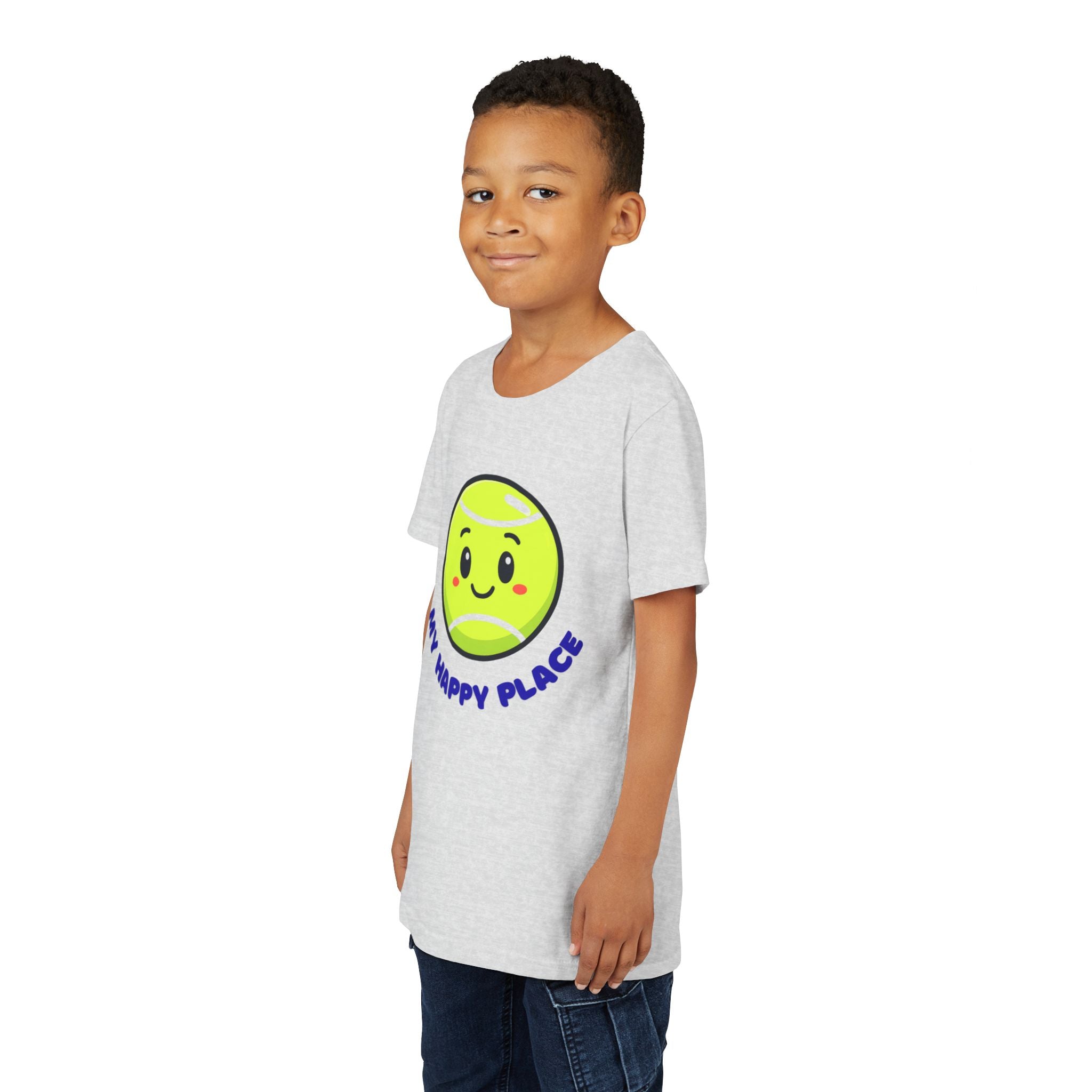 Boy's Junior Tee — Cute Smiling Tennis Ball "My Happy Place" Kids Shirt