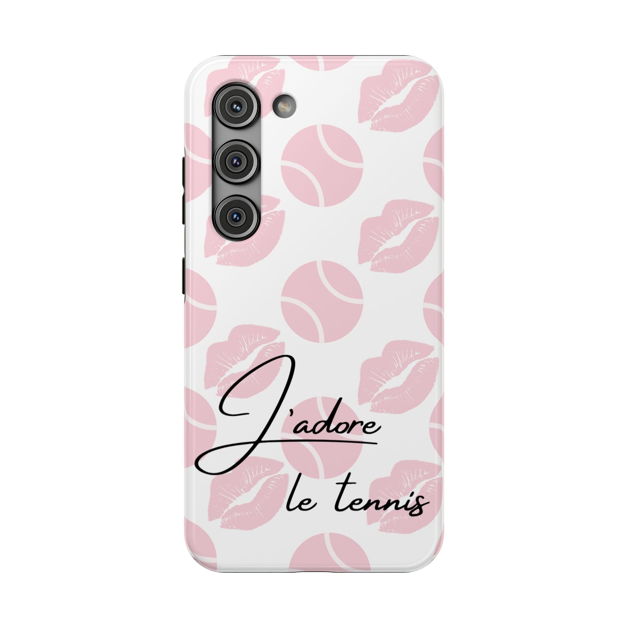 Impact-Resistant Phone Case - 'J'adore le tennis', pink tennis balls/lips