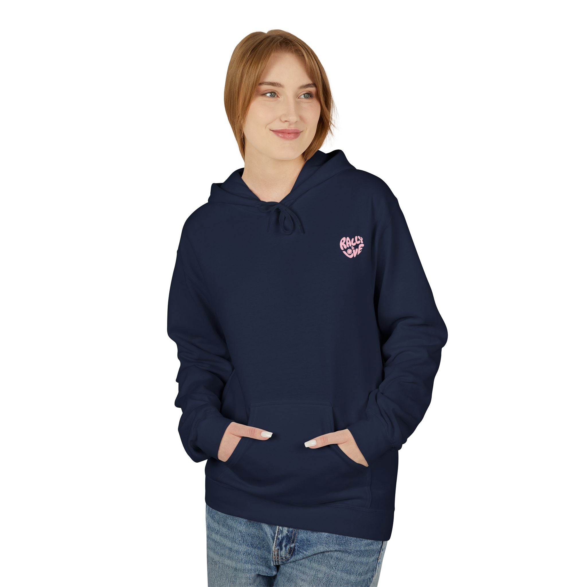 Women's Softstyle Fleece Hoodie sweatshirt - 'Rally & Love' logo, minimalist (pink)