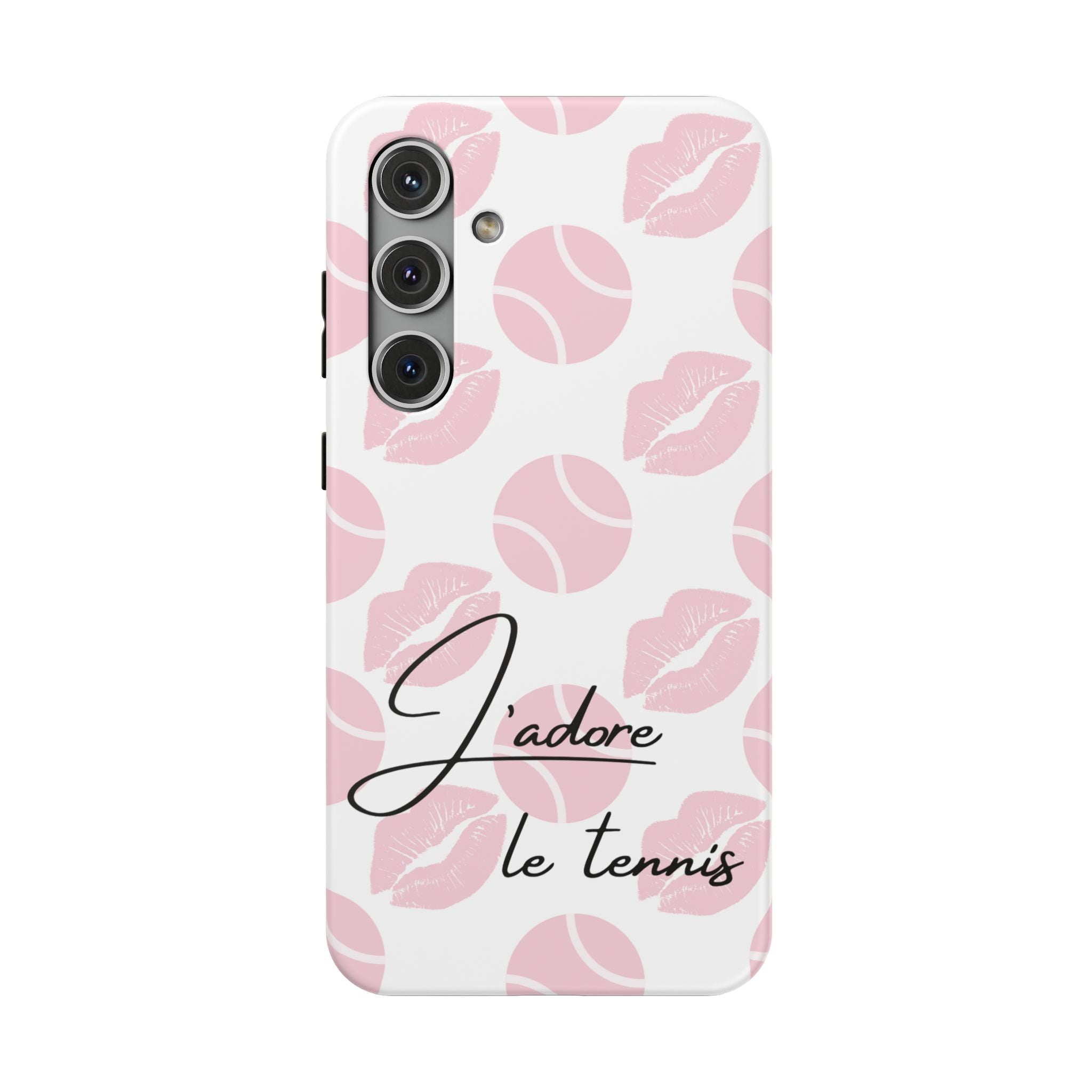 Impact-Resistant Phone Case - 'J'adore le tennis', pink tennis balls/lips