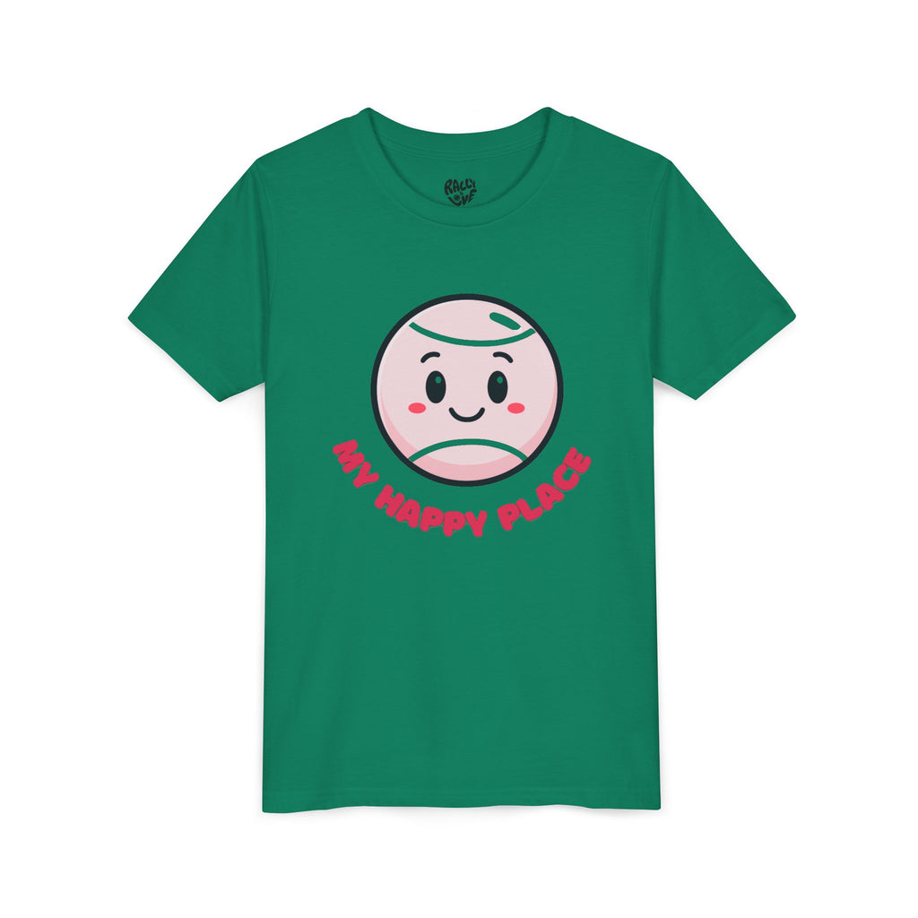 Girl's Junior Tee — Cute Smiling Tennis Ball "My Happy Place" Kids Shirt
