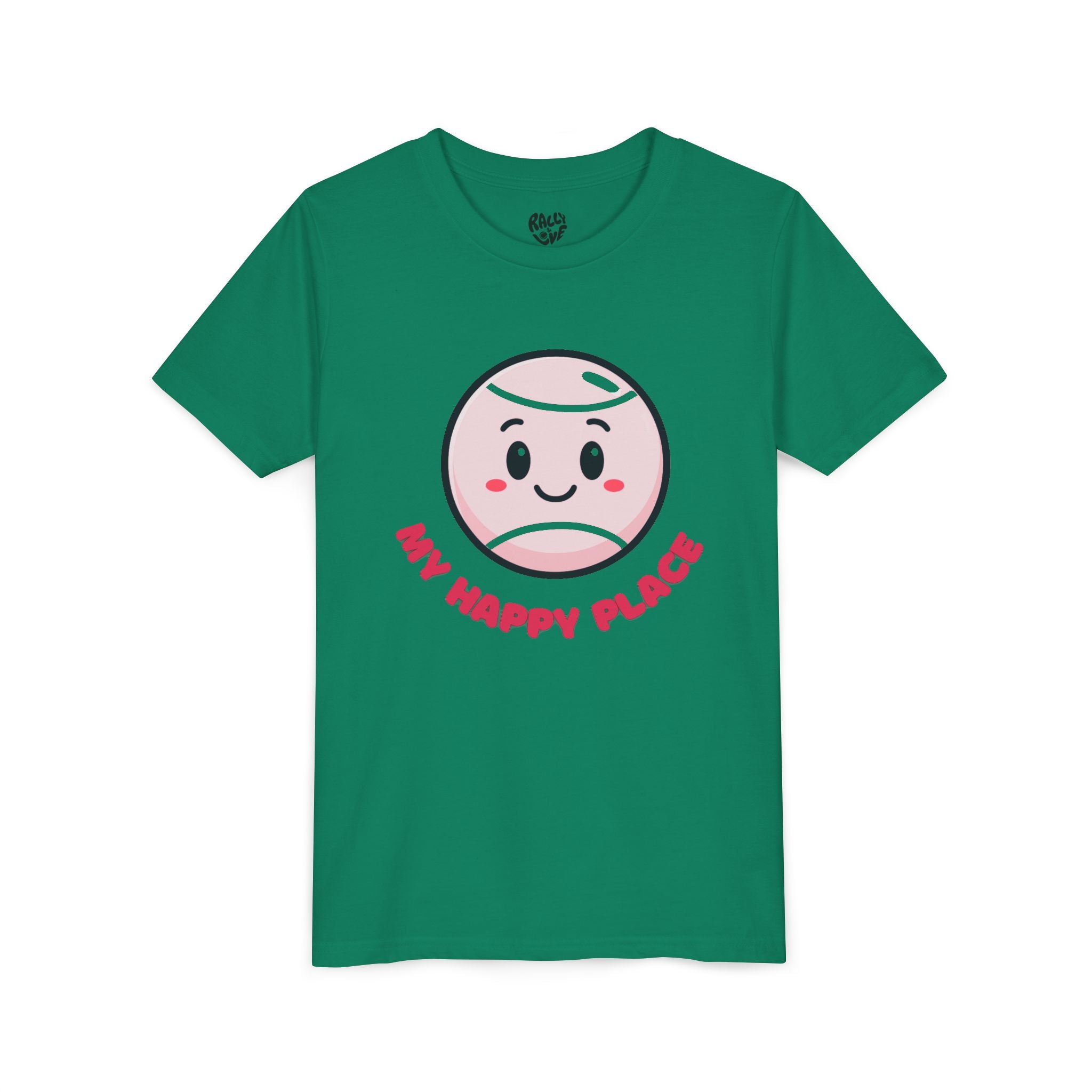 Girl's Junior Tee — Cute Smiling Tennis Ball "My Happy Place" Kids Shirt