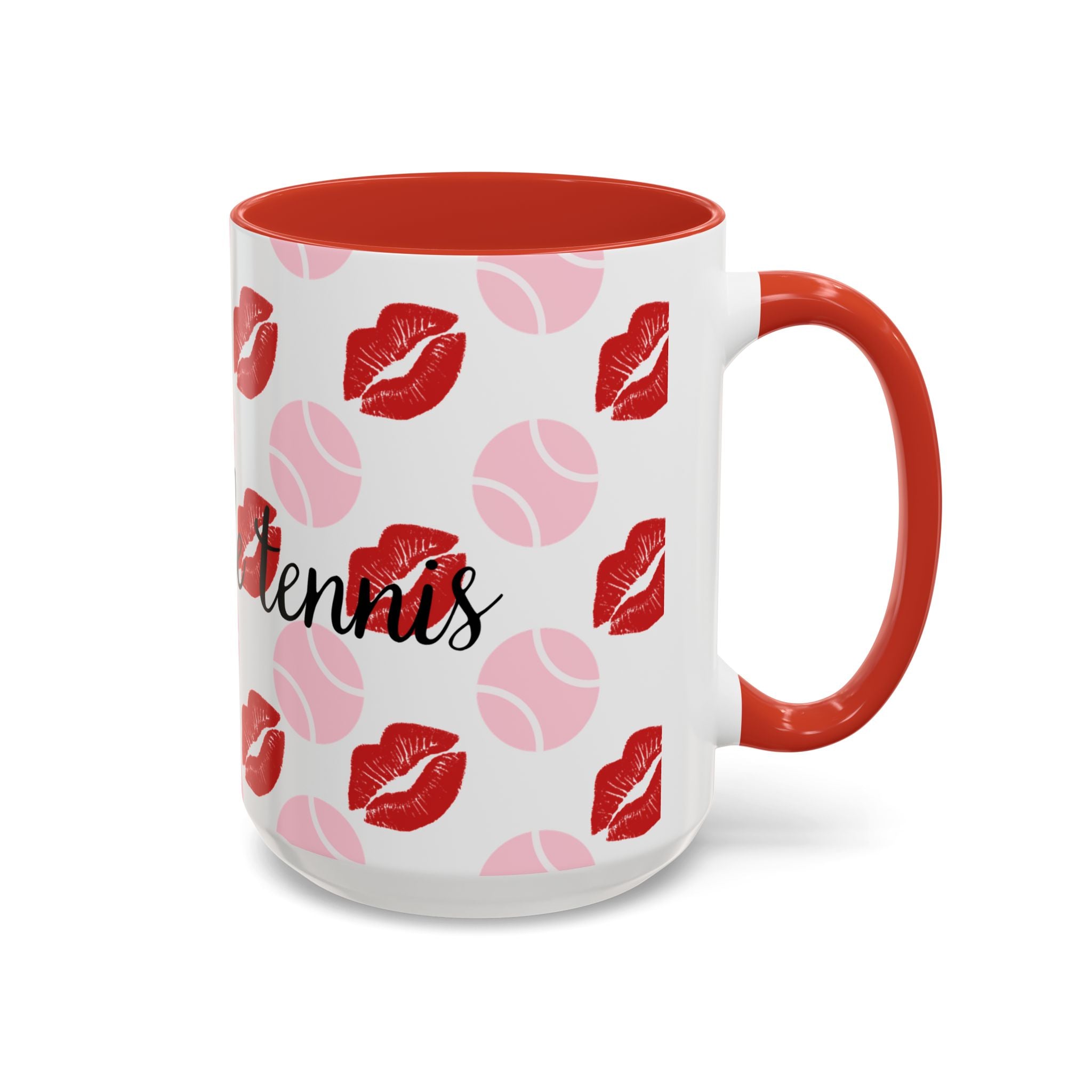 Tennis Kiss Accent Coffee Mug — 'Adore Le Tennis' Pink Balls & Red Lip Pattern (11/15 oz)