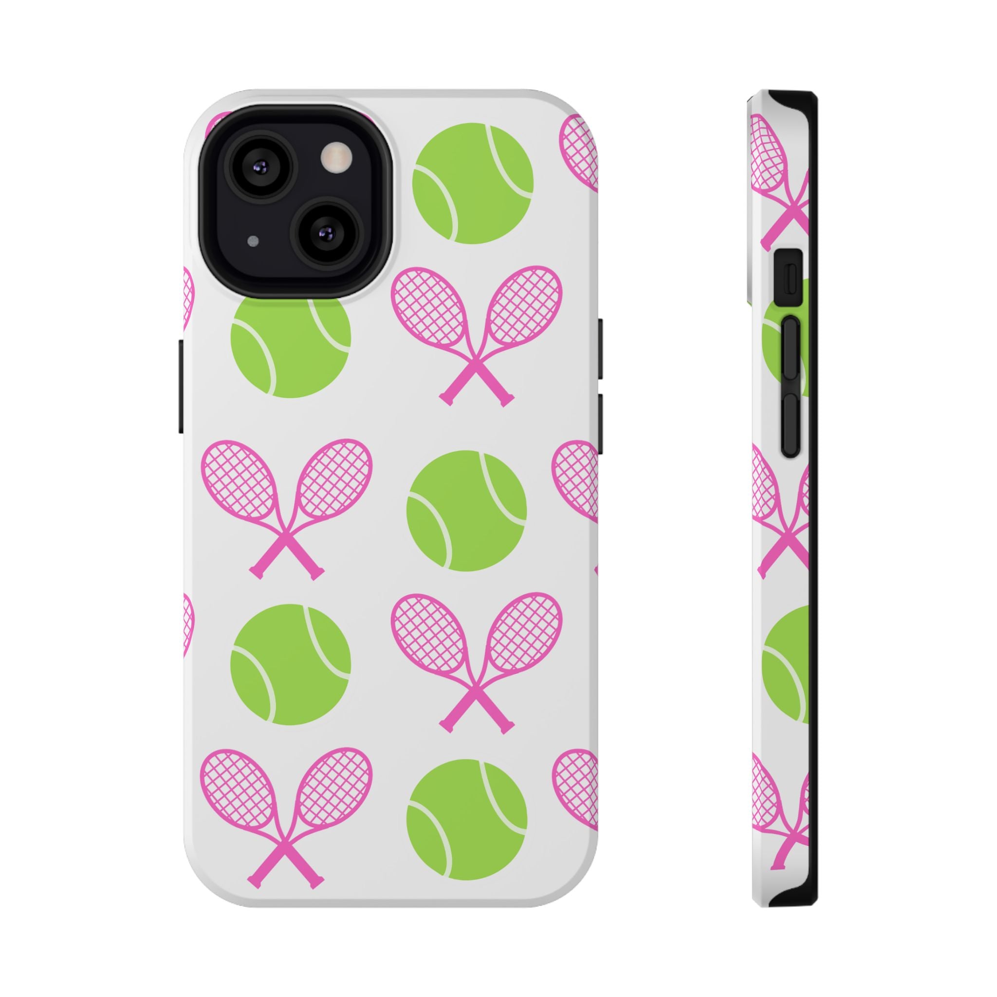 Tennis Pattern Impact-Resistant Phone Case — Pink Rackets & Green Balls