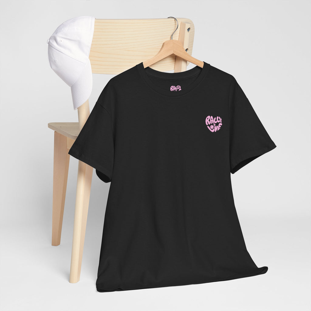 Women's Tee - Minimalist "Rally & Love" logo Chest Print (bubblegum pink)