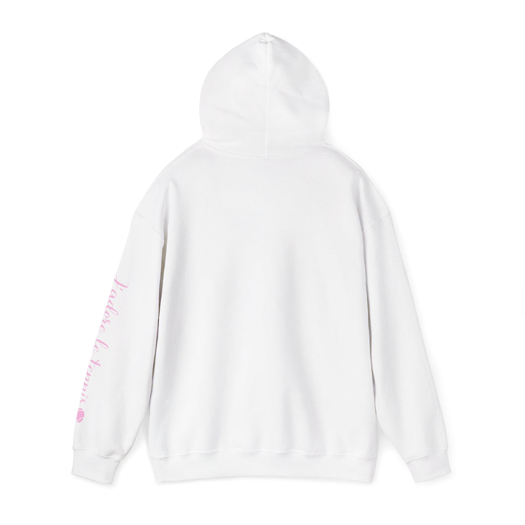 Women's Hoodie sweatshirt — "J'adore le tennis" Tennis Ball Sleeve Design (bubblegum pink)
