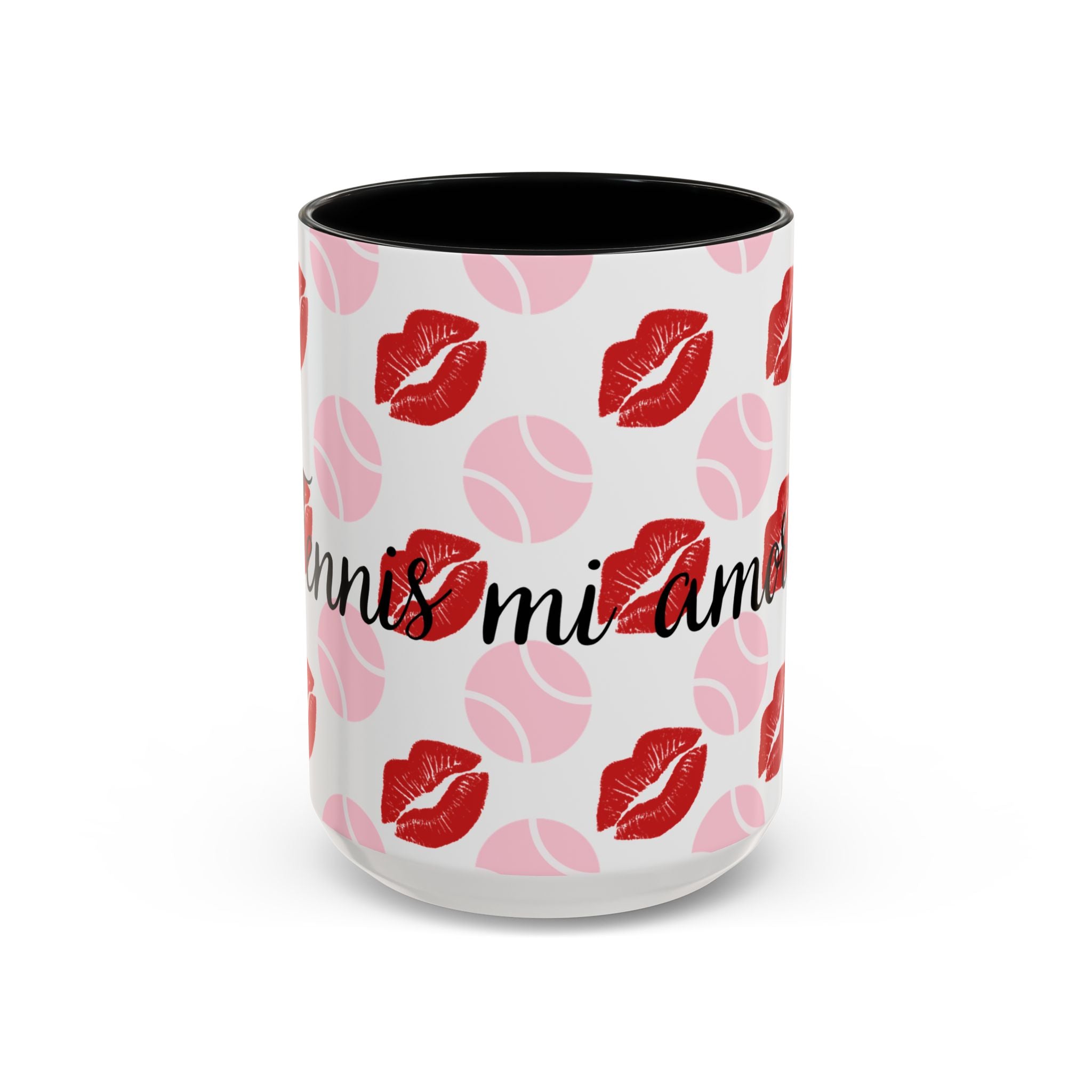 Tennis Kiss Accent Coffee Mug — 'Tennis mi amore' Pink Lip & Ball Pattern (11/15oz)