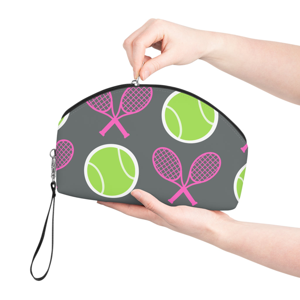 Tennis Makeup Bag — Gray/Pink/Yellow Tennis Ball & Racket Cosmetic Pouch for Players