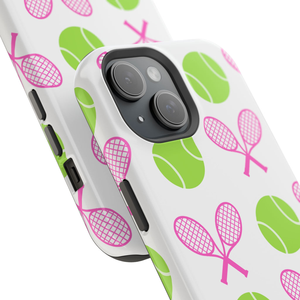 Tennis Pattern Impact-Resistant Phone Case — Pink Rackets & Green Balls