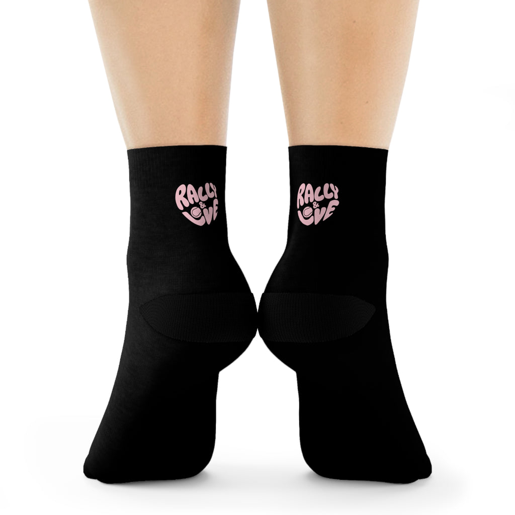 Women's Socks — Black/'Rally & Love' Pink Heart Graphic Cotton Crew Socks