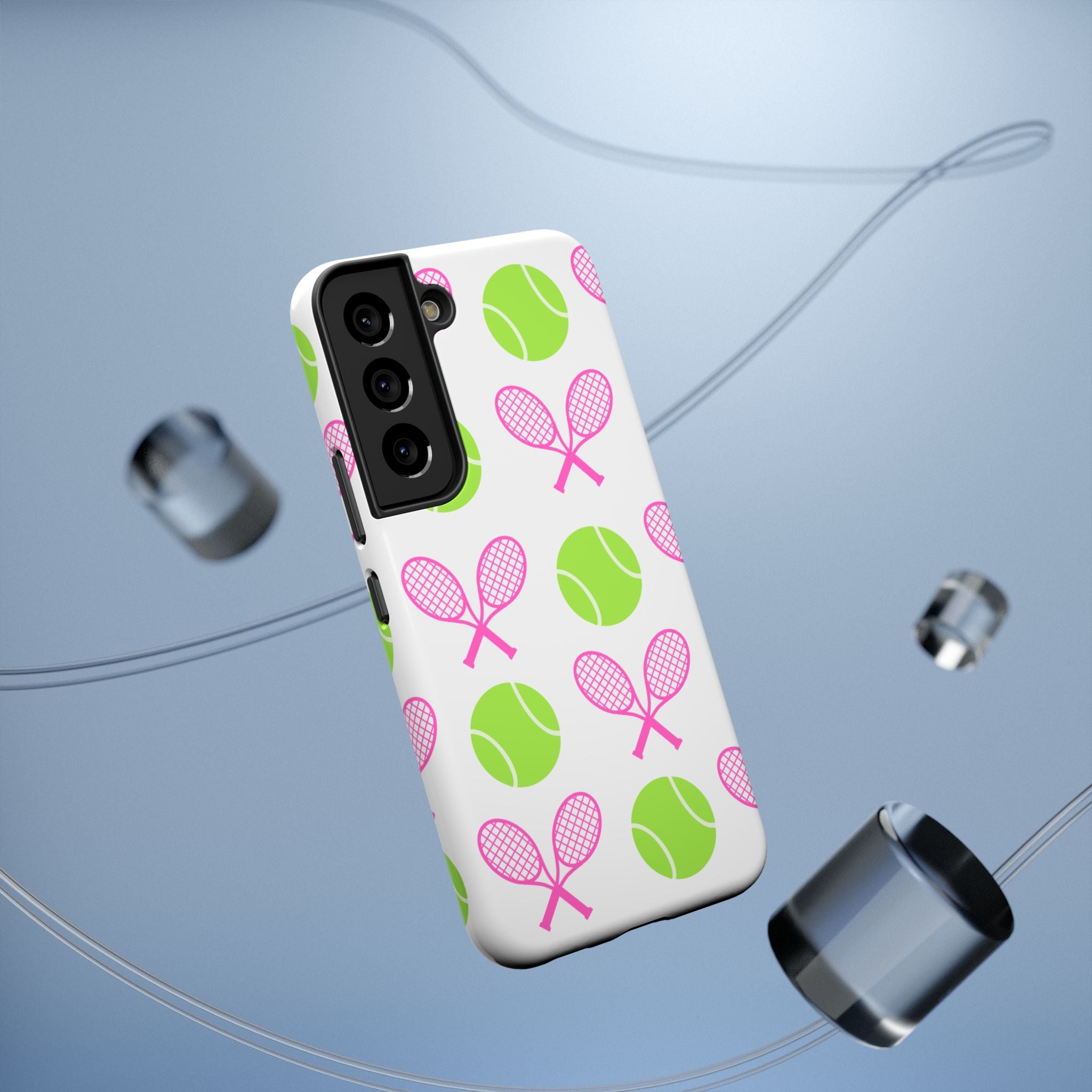 Tennis Pattern Impact-Resistant Phone Case — Pink Rackets & Green Balls