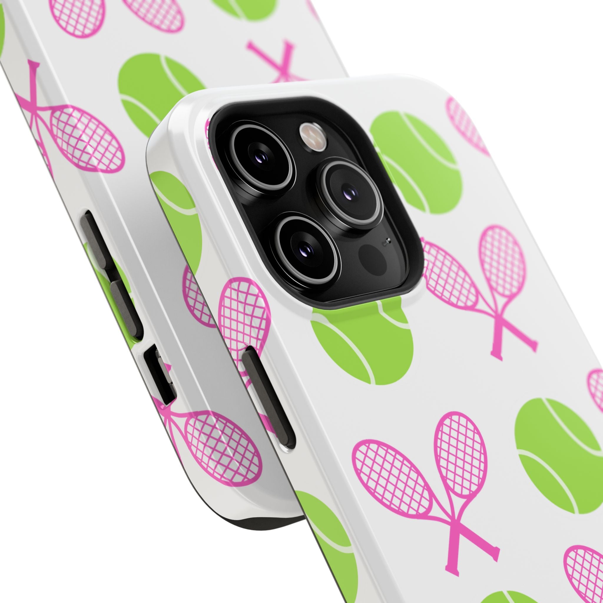 Tennis Pattern Impact-Resistant Phone Case — Pink Rackets & Green Balls