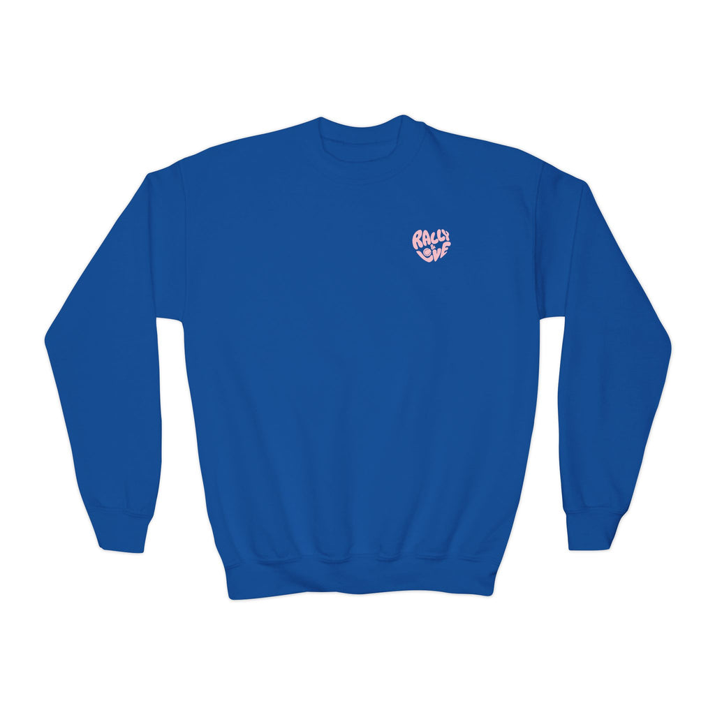 Girls Junior Tennis Crewneck Sweatshirt — 'Rally & Love' logo (bubblegum pink)