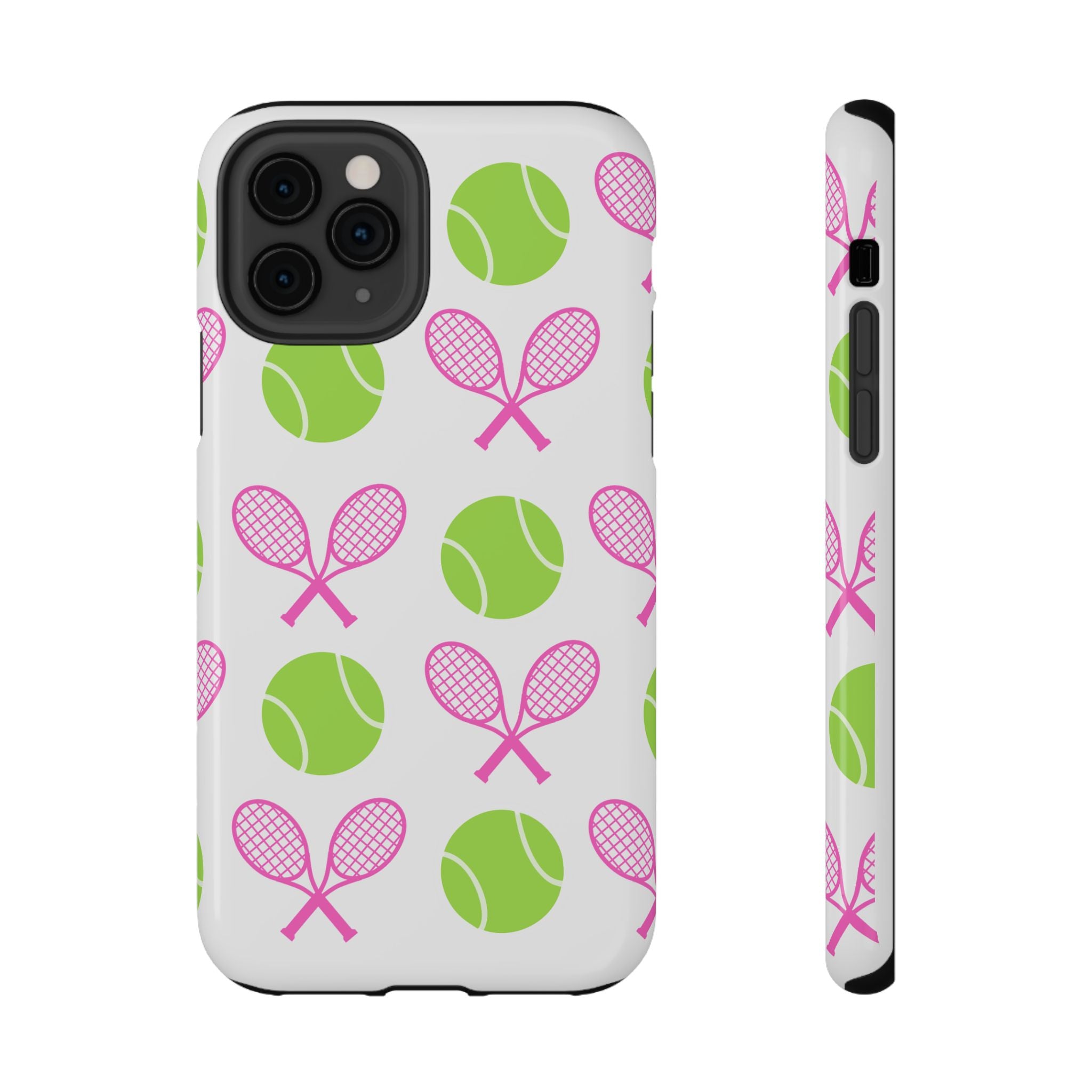 Tennis Pattern Impact-Resistant Phone Case — Pink Rackets & Green Balls