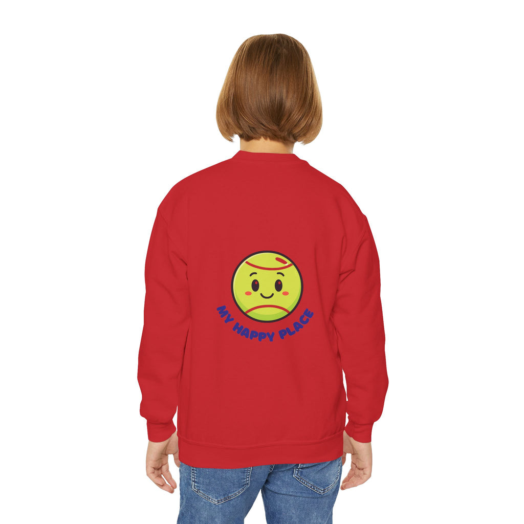 Boy's Junior Tennis Crewneck Sweatshirt — Cute Smiling Tennis Ball "My Happy Place"