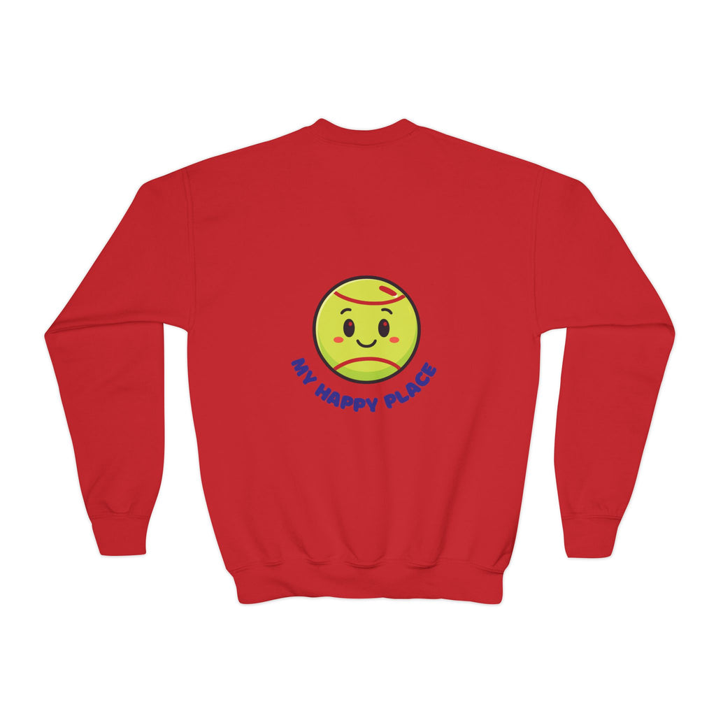 Boy's Junior Tennis Crewneck Sweatshirt — Cute Smiling Tennis Ball "My Happy Place"