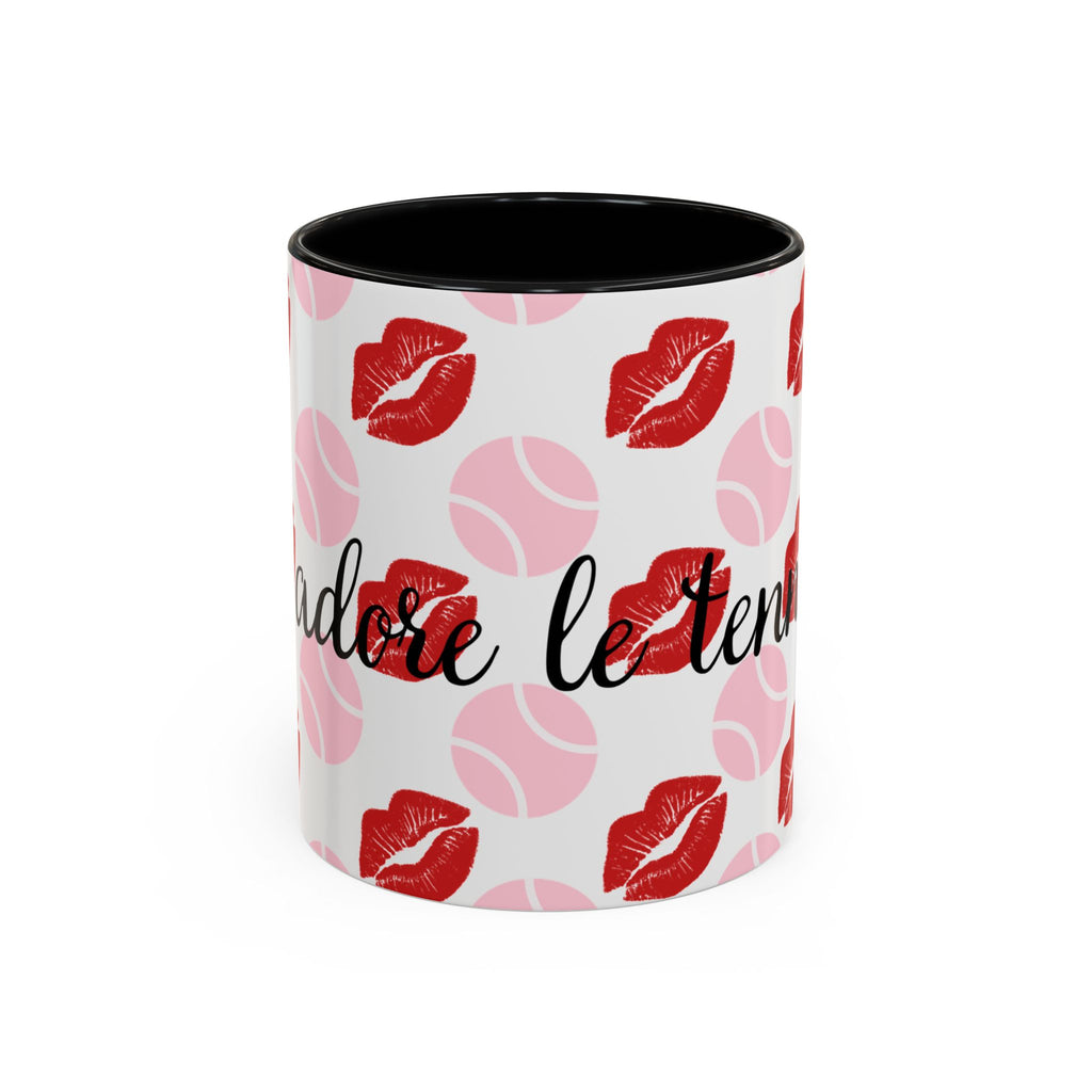 Tennis Kiss Accent Coffee Mug — 'Adore Le Tennis' Pink Balls & Red Lip Pattern (11/15 oz)