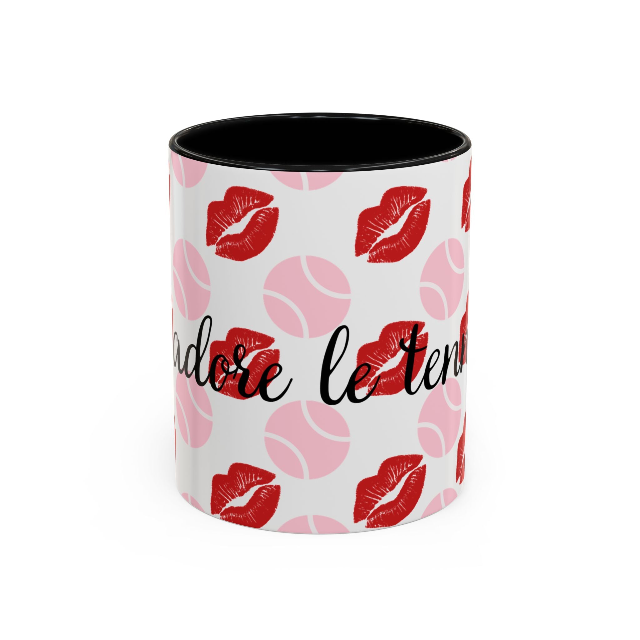 Tennis Kiss Accent Coffee Mug — 'Adore Le Tennis' Pink Balls & Red Lip Pattern (11/15 oz)