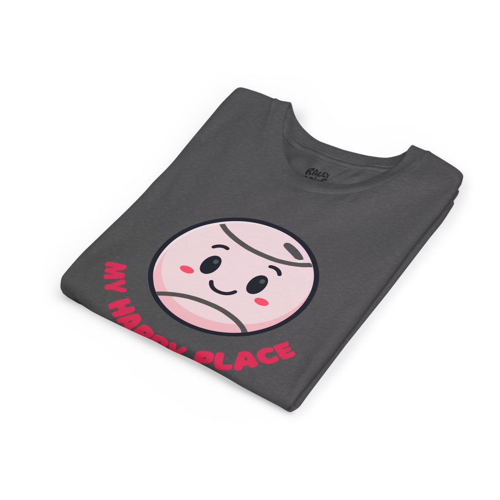 Girl's Junior Tee — Cute Smiling Tennis Ball "My Happy Place" Kids Shirt