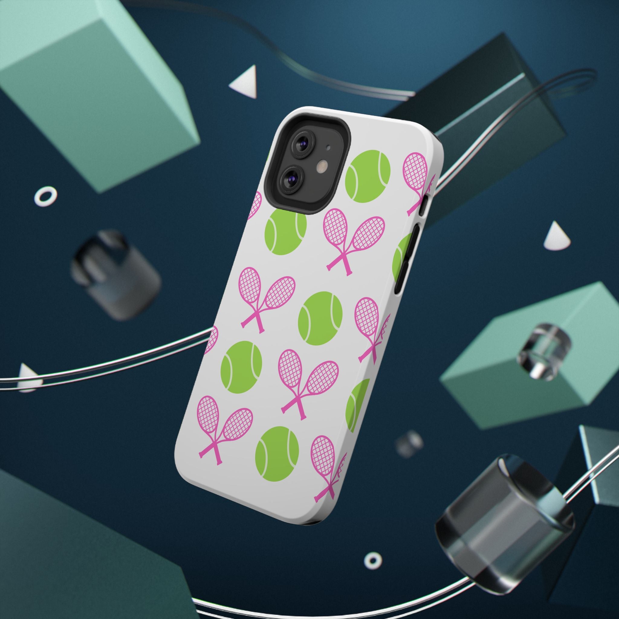 Tennis Pattern Impact-Resistant Phone Case — Pink Rackets & Green Balls