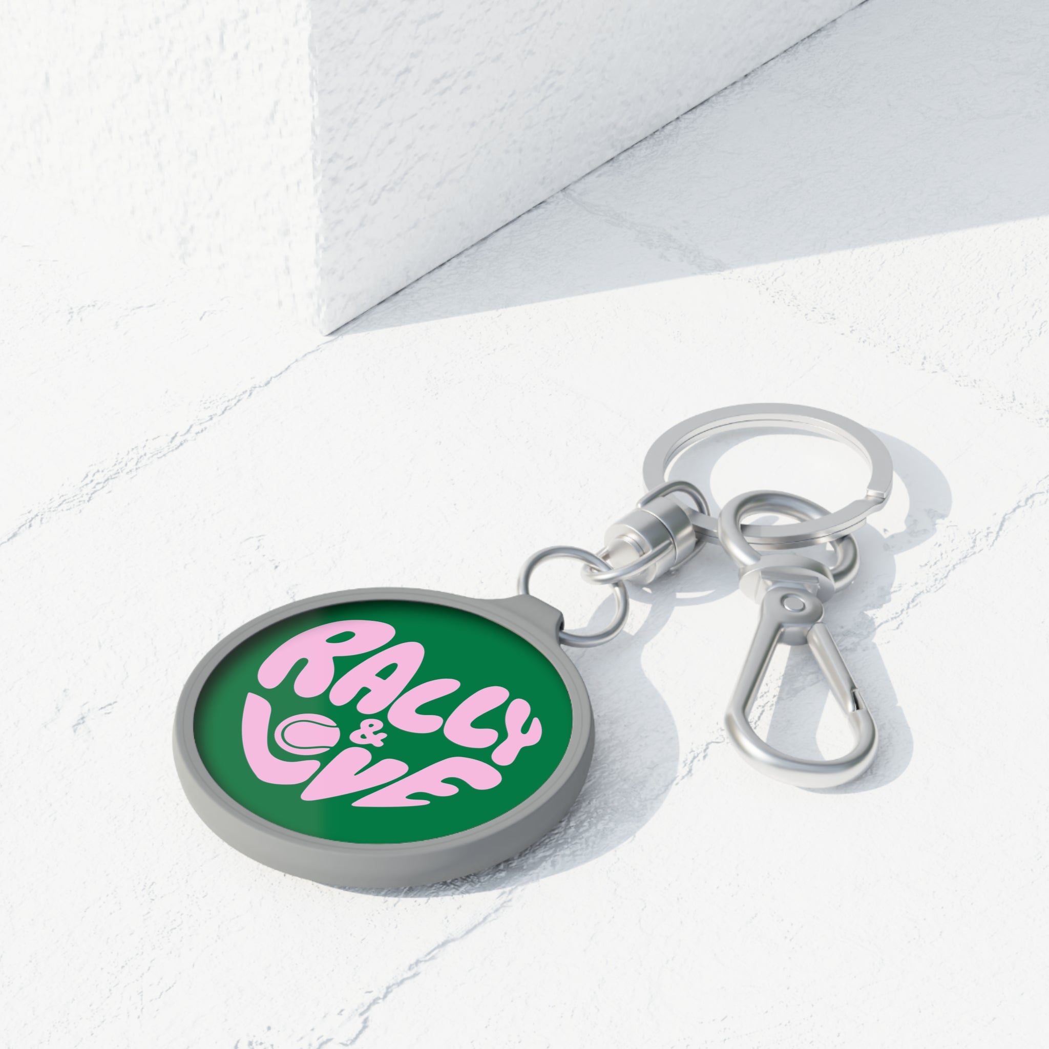 Rally & Love Keyring Tag — Green/Pink Logo Keychain (bubblegum pink)