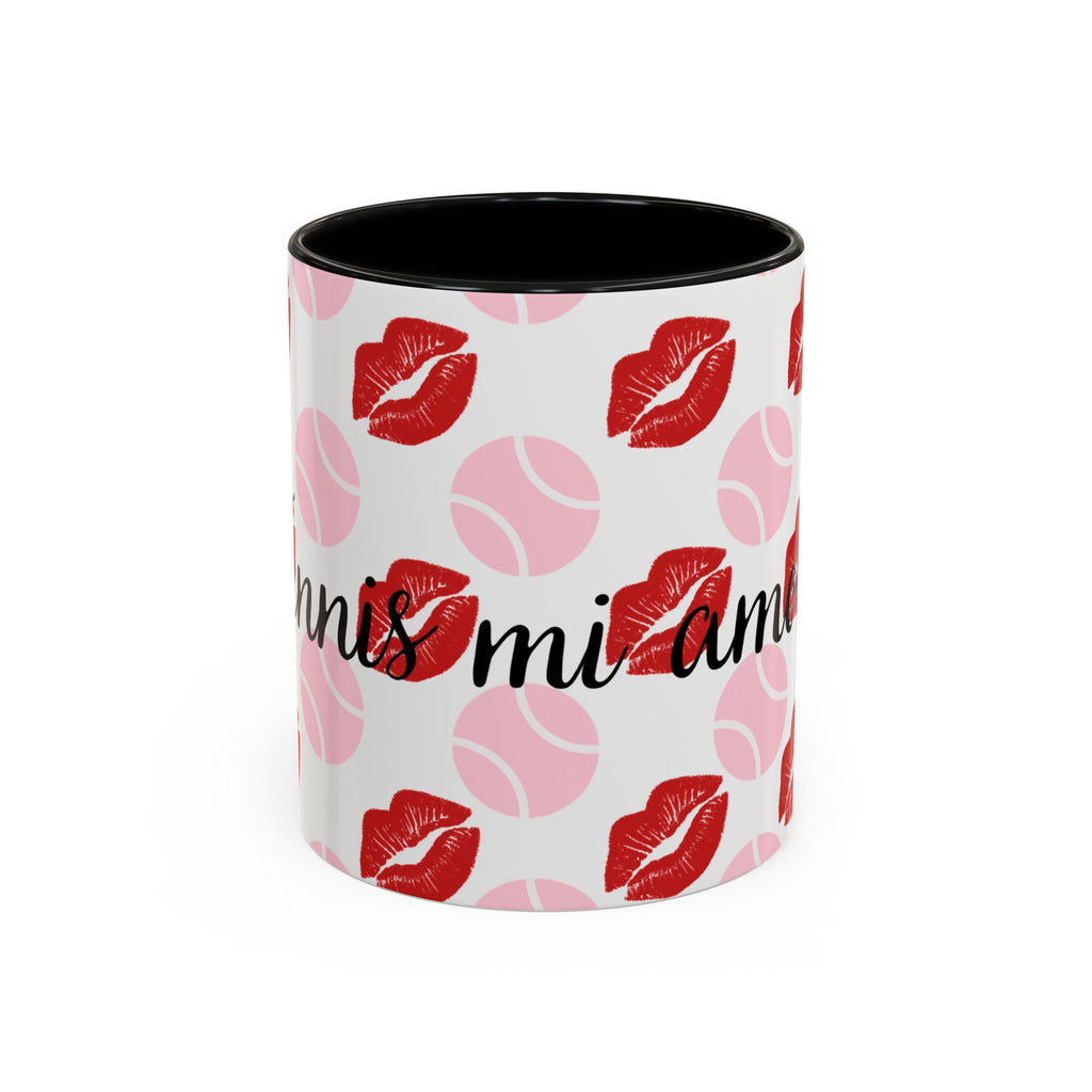 Tennis Kiss Accent Coffee Mug — 'Tennis mi amore' Pink Lip & Ball Pattern (11/15oz)