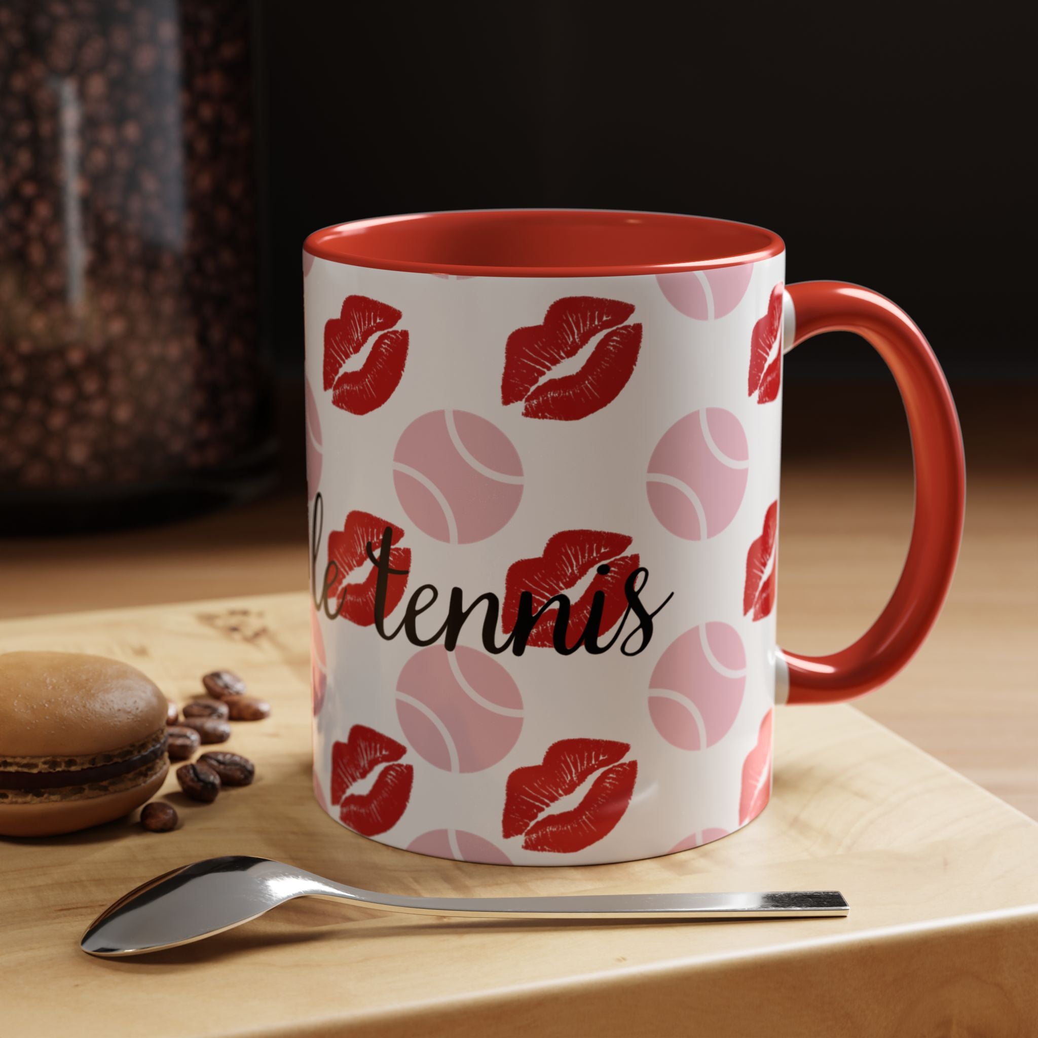 Tennis Kiss Accent Coffee Mug — 'Adore Le Tennis' Pink Balls & Red Lip Pattern (11/15 oz)