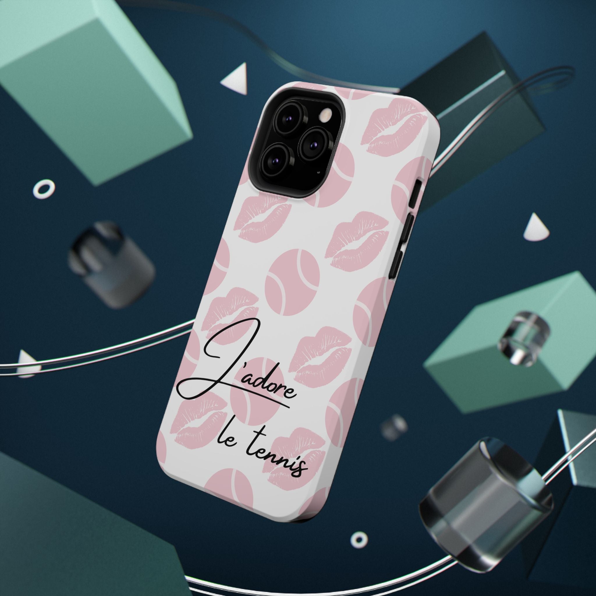 Impact-Resistant Phone Case - 'J'adore le tennis', pink tennis balls/lips
