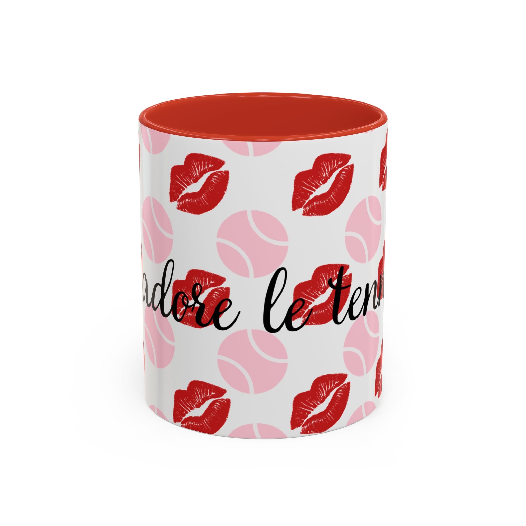 Tennis Kiss Accent Coffee Mug — 'Adore Le Tennis' Pink Balls & Red Lip Pattern (11/15 oz)