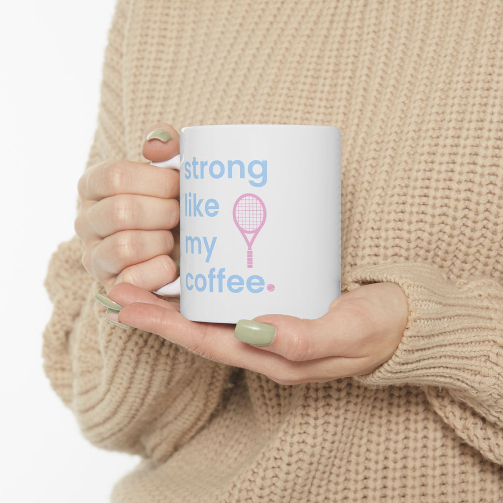 Tennis Ceramic Mug – "Strong Like My Coffee" Cute Pink Racket Coffee Cup (11oz & 15oz) (bubblegum pink/blue)