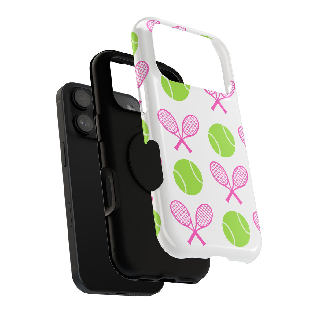 Tennis Pattern Impact-Resistant Phone Case — Pink Rackets & Green Balls